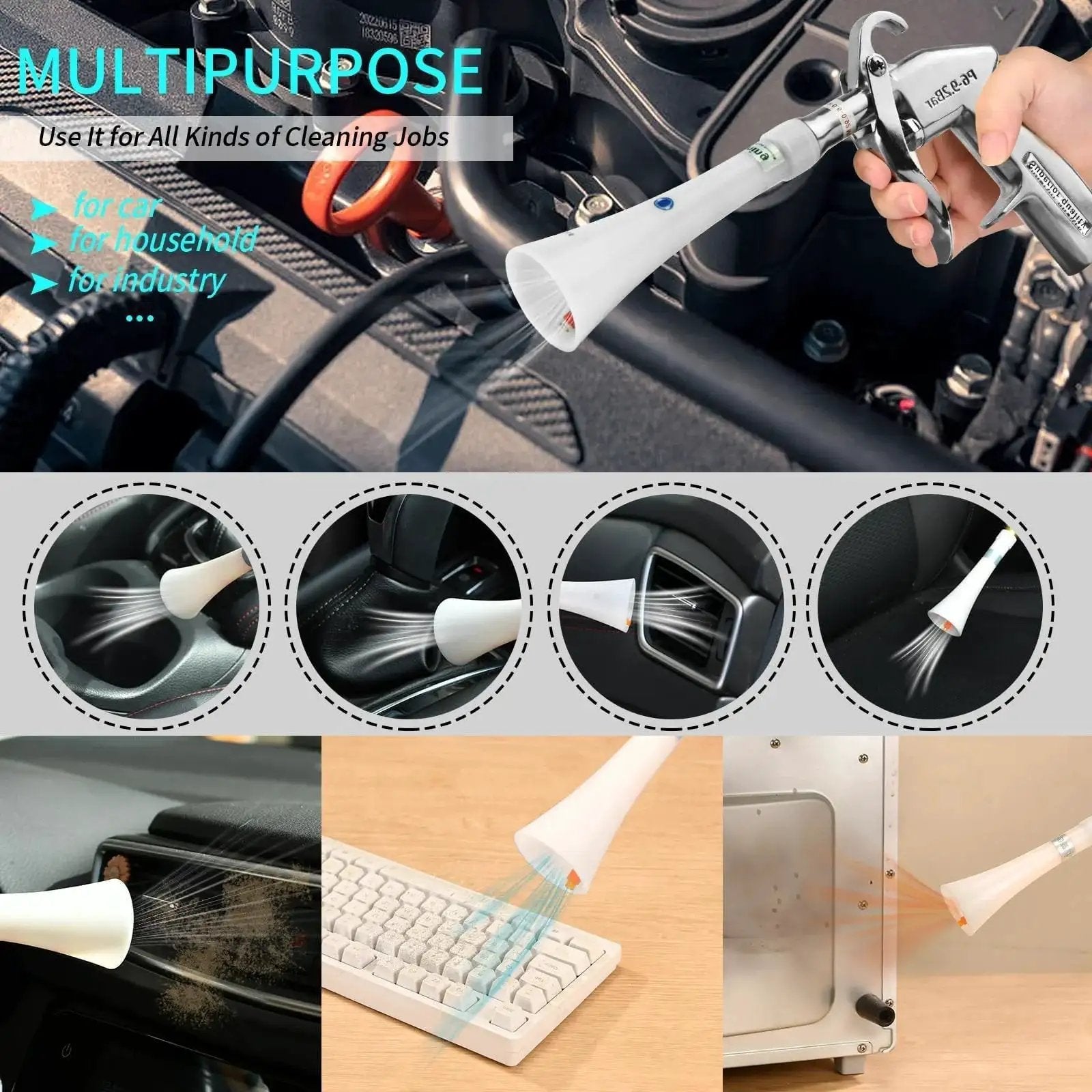 Powerful tornado dry cleaning gun blasts dirt and dust from car interiors with a brass adjustable air flow nozzle, 360 Degree swivel, aluminum body, and easy connection to a standard air compressor for efficient, thorough cleaning.