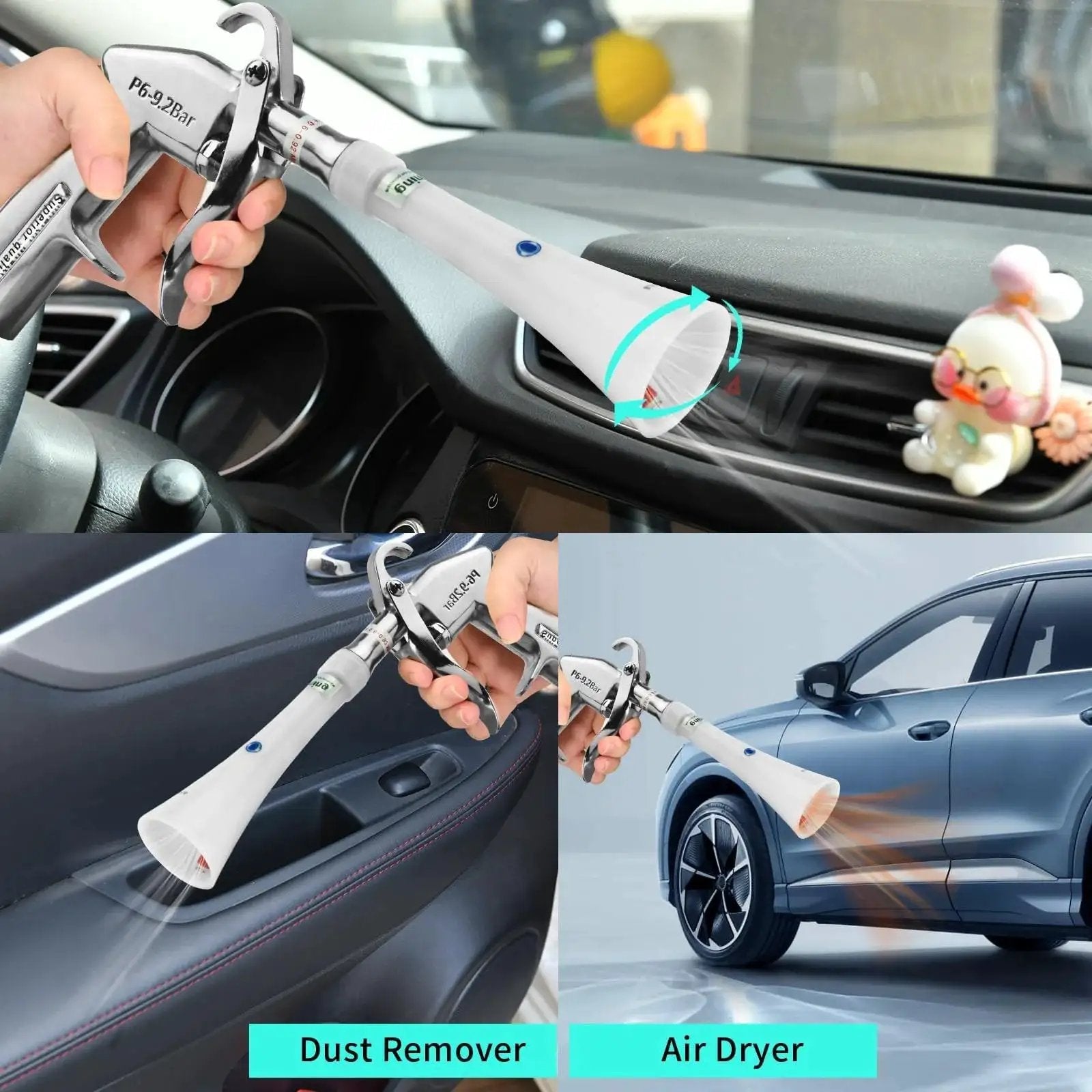 Powerful tornado dry cleaning gun blasts dirt and dust from car interiors with a brass adjustable air flow nozzle