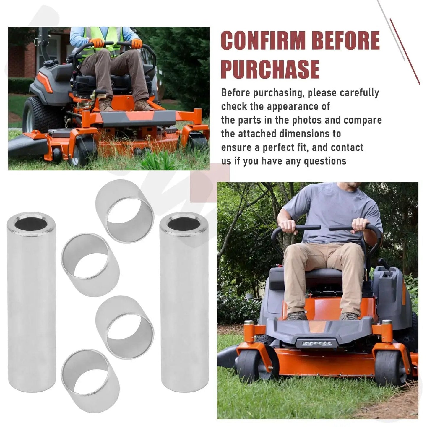 2 Pack Bearing Sleeve 1-513034 and Idler Bushing Pivot 1-603384 for Exmark Toro lawn mowers shown with mower in use
