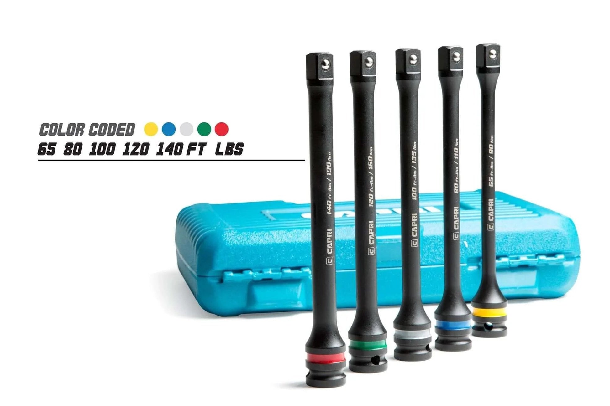 Torque Limiting Extension Bar Set (5 Piece), 65-140 ft. lbs., 1/2 in. Drive on display with color-coded bars and carry case.