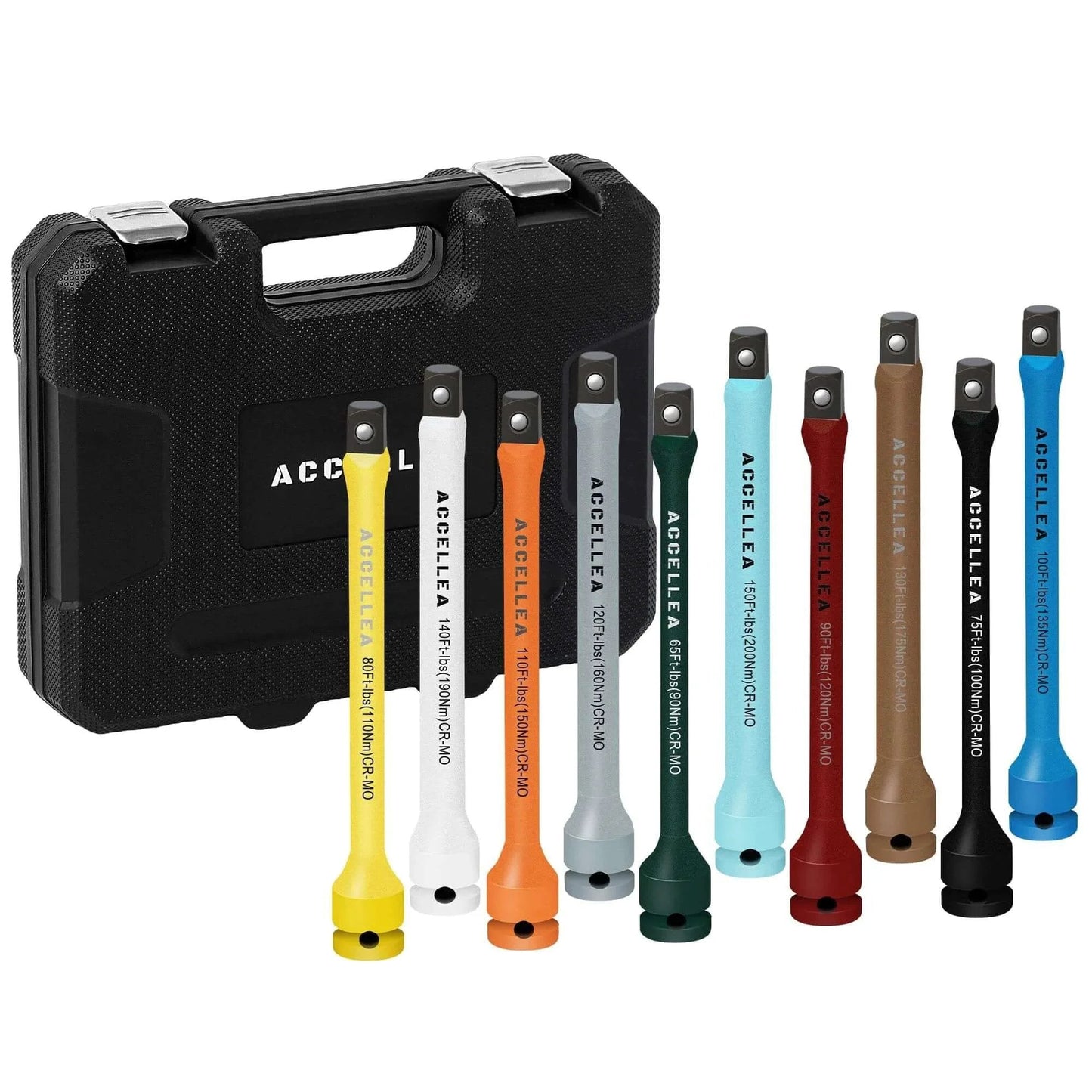 10-Piece Torque Limiting Extension Bar Set, 1/2" Drive, CR-MO, SAE Standard, color-coded bars with storage case