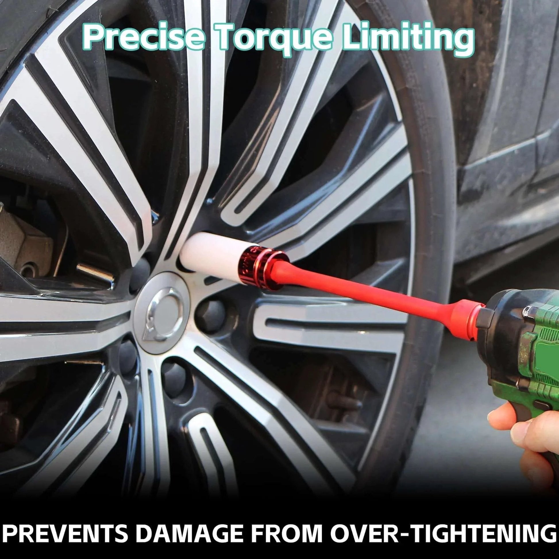 Using 10-Piece Torque Limiting Extension Bar Set on car wheel for tire repair, color-coded, 1/2" drive, 8" long, 65-150 ft-lbs, CR-MO steel