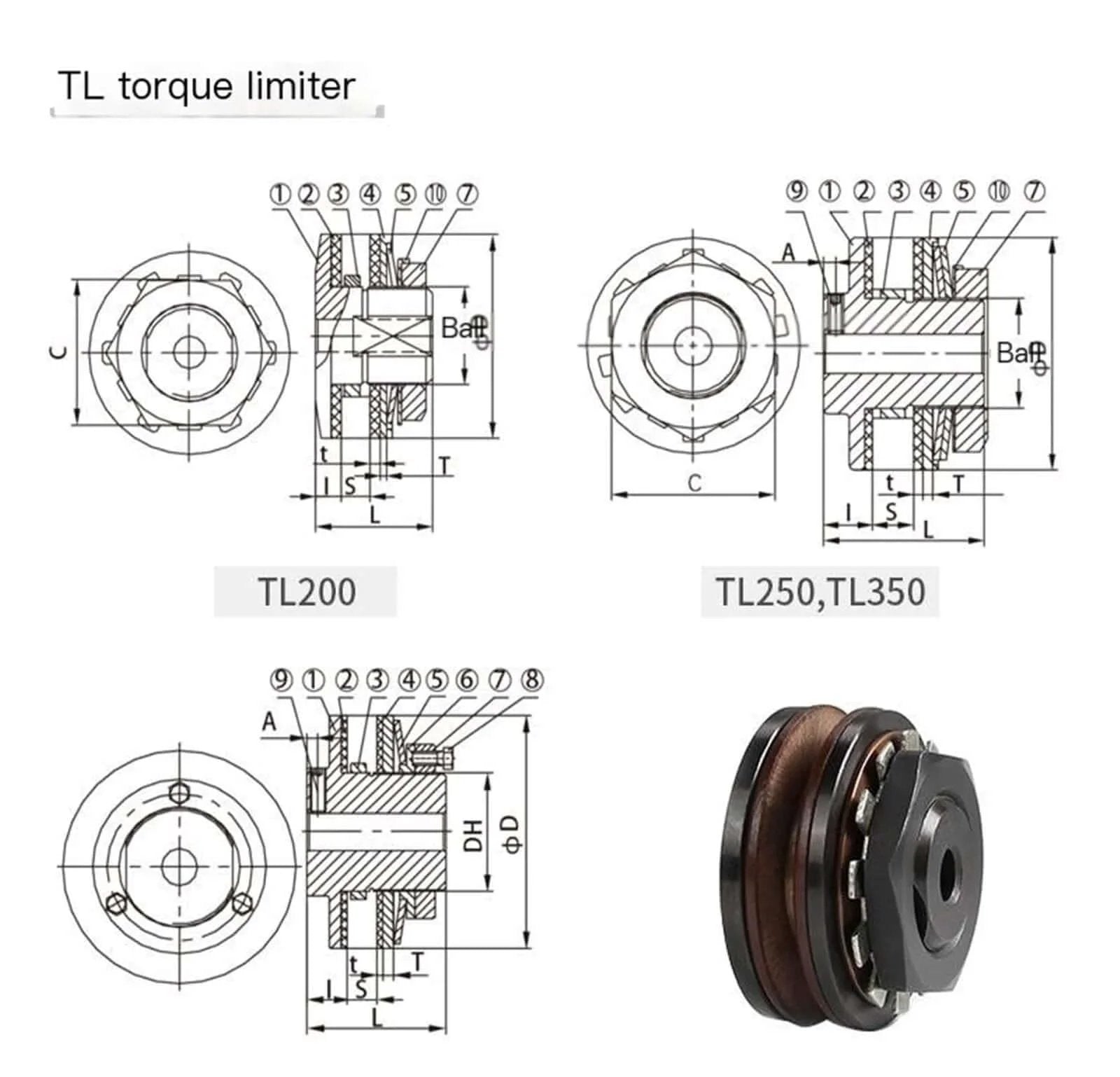 Diagram and photo of TL torque limiter, friction type torque, TL200-2 TL250-1 Safety clutch TLC350(TL700-2 D32-65)