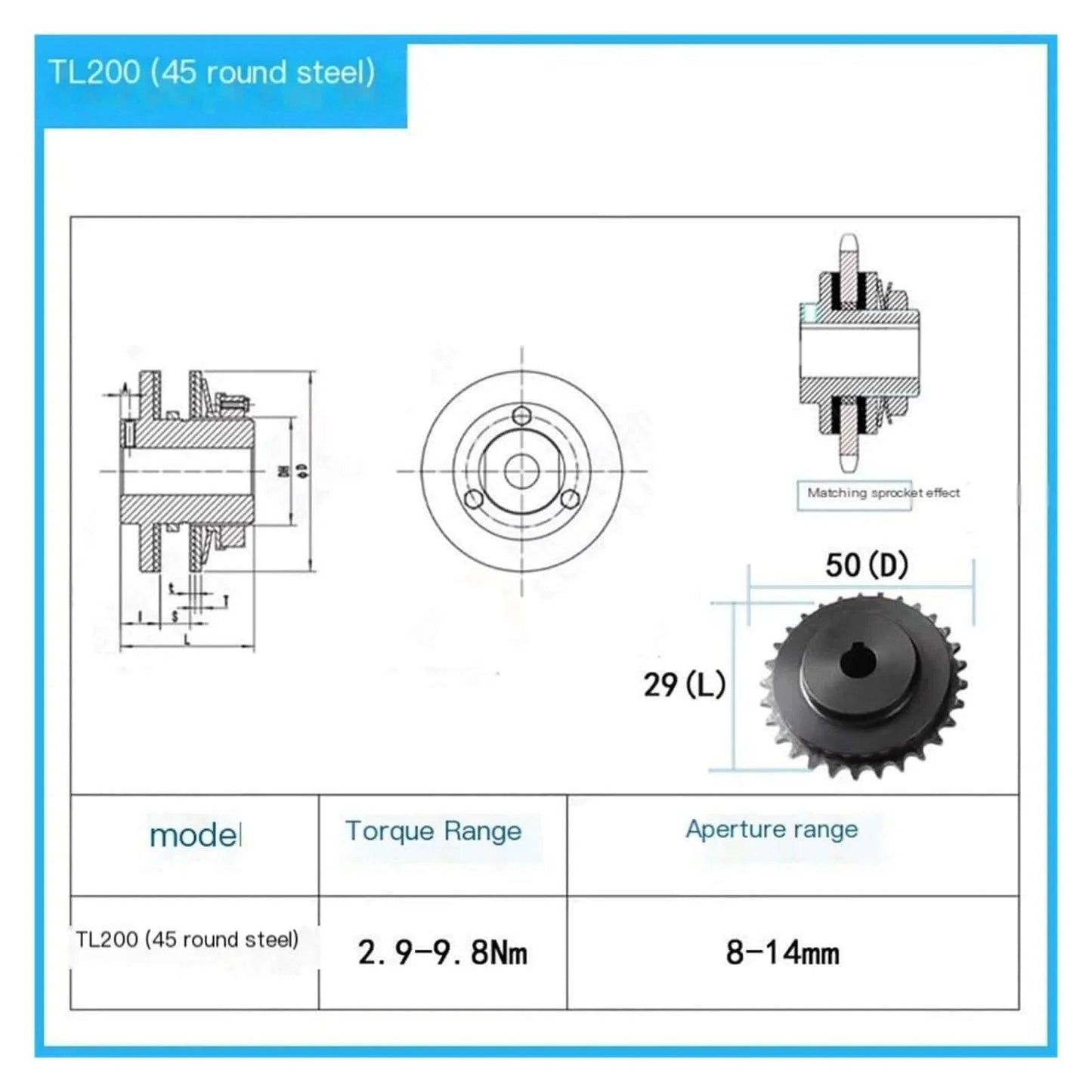 Technical diagram of Torque Limiter, Safety Clutch, Friction Clutch 45 round bar TL250/250/350/500/700(TL200 45 round bar)