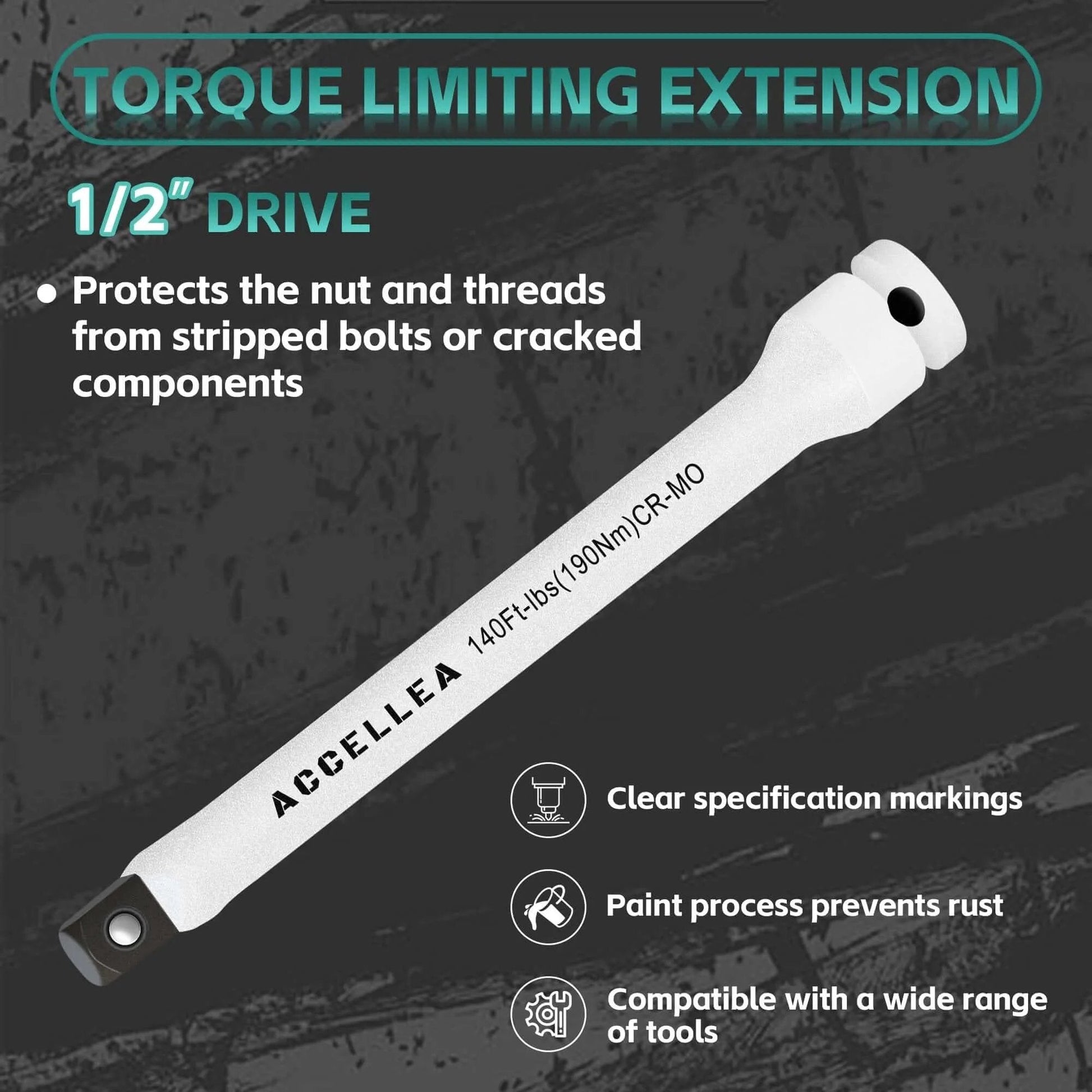 Close-up of 1/2" drive torque limiting extension bar with clear markings, part of 10-Piece Torque Limiting Extension Bar Set, 65-150 Ft-lbs, CR-MO, SAE.