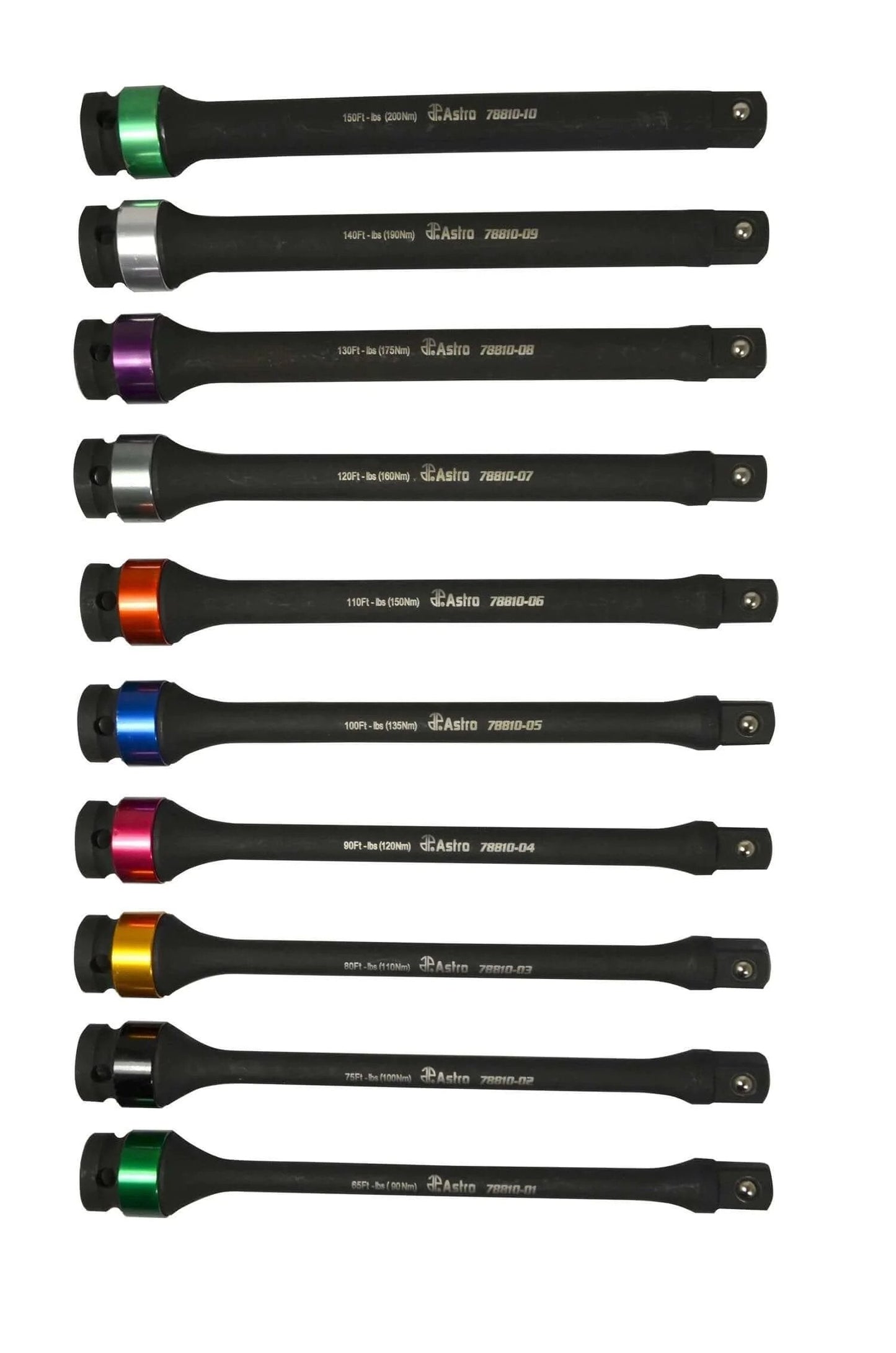 10-Piece Torque Limiting Extension Set, colored 8-inch extensions for precise wheel nut torque, chrome molybdenum material