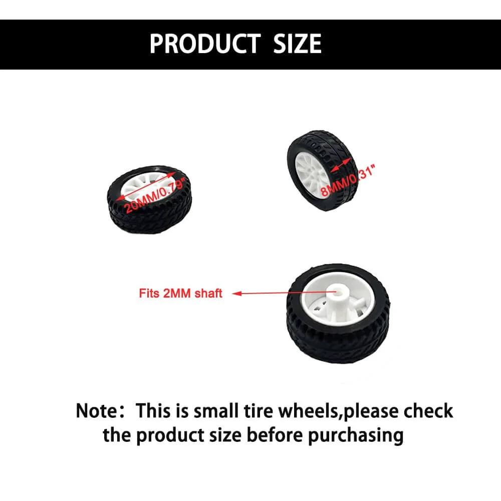 Diagram showing 10pcs Toy Car Wheels 20mm Rubber Tires with 1.9mm Hole for 2mm Shaft DIY Model Accessories; dimensions marked.