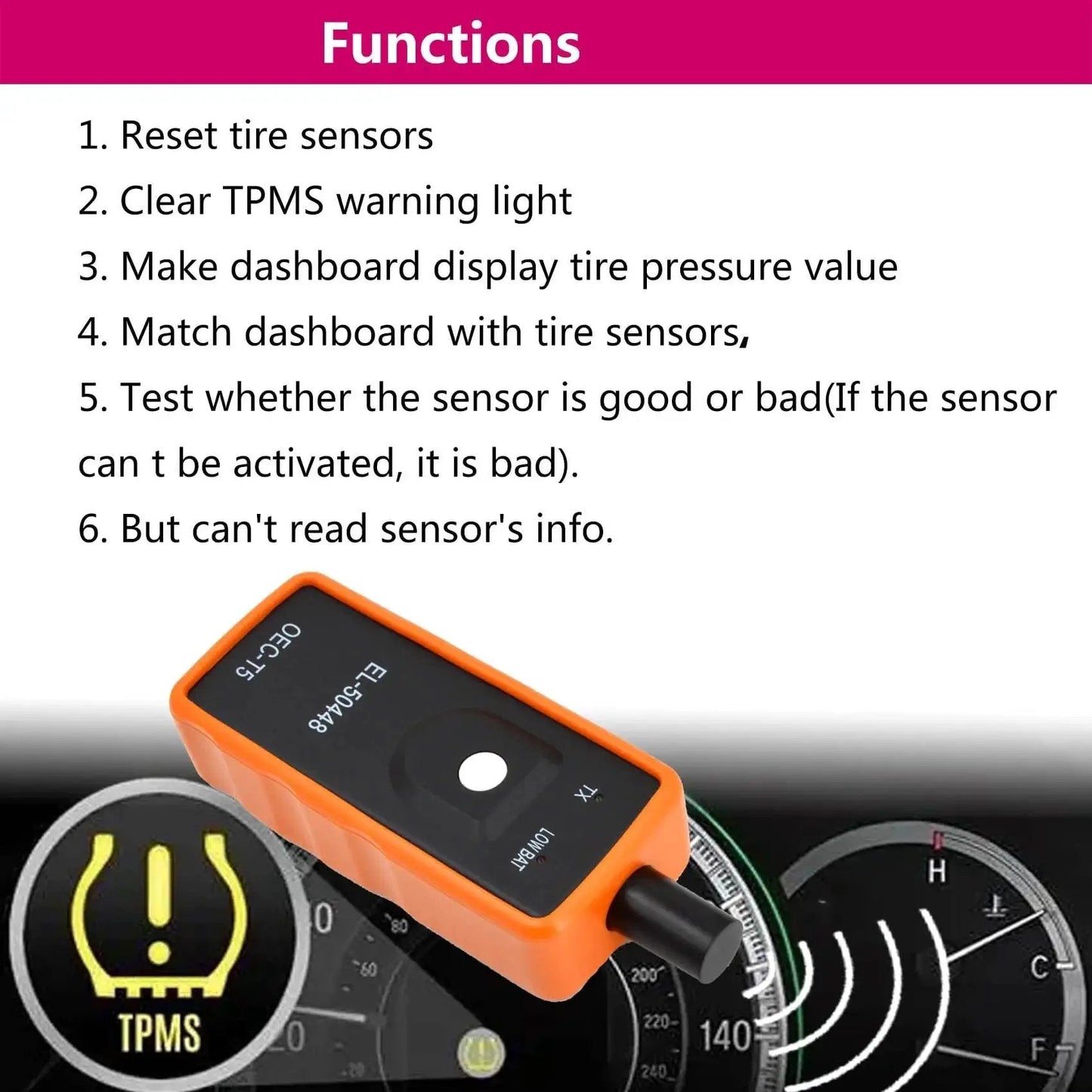 TPMS Relearn Tool For General Motors Vehicles Including Chevrolet Cadillac GMC Buick With 100 Plus Vehicle Coverage One Button Activation displayed with functions