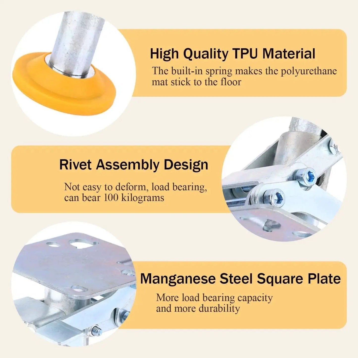 Diagram showing features of Adjustable Height Floor Lock For Trolleys And Carts, with TPU pad, rivet design, and manganese steel plate.