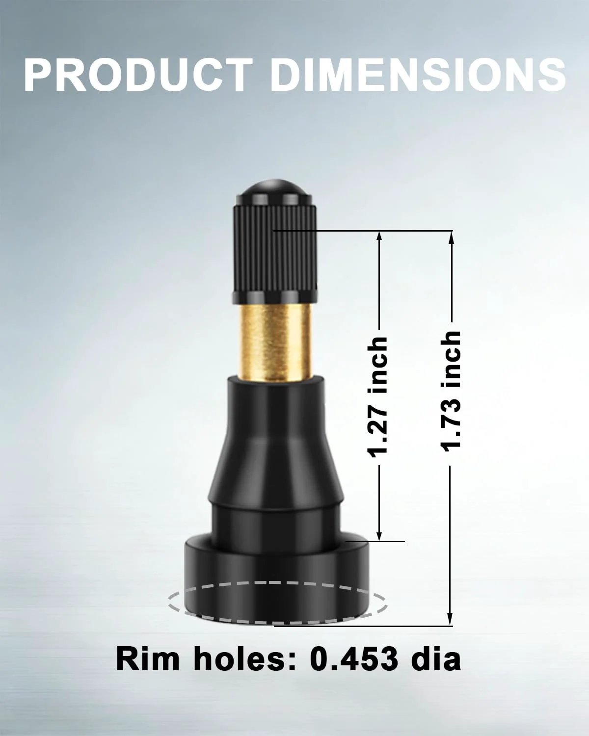 5 Pack TR600 High Pressure Tire Valve Stems Heavy Duty Rubber Snap In For 0.453 Inch Rim Hole Leak Resistant Seal Designed For Trucks Trailers And Cars Durable Replacement Parts Riseuvo dimensions with measurements.