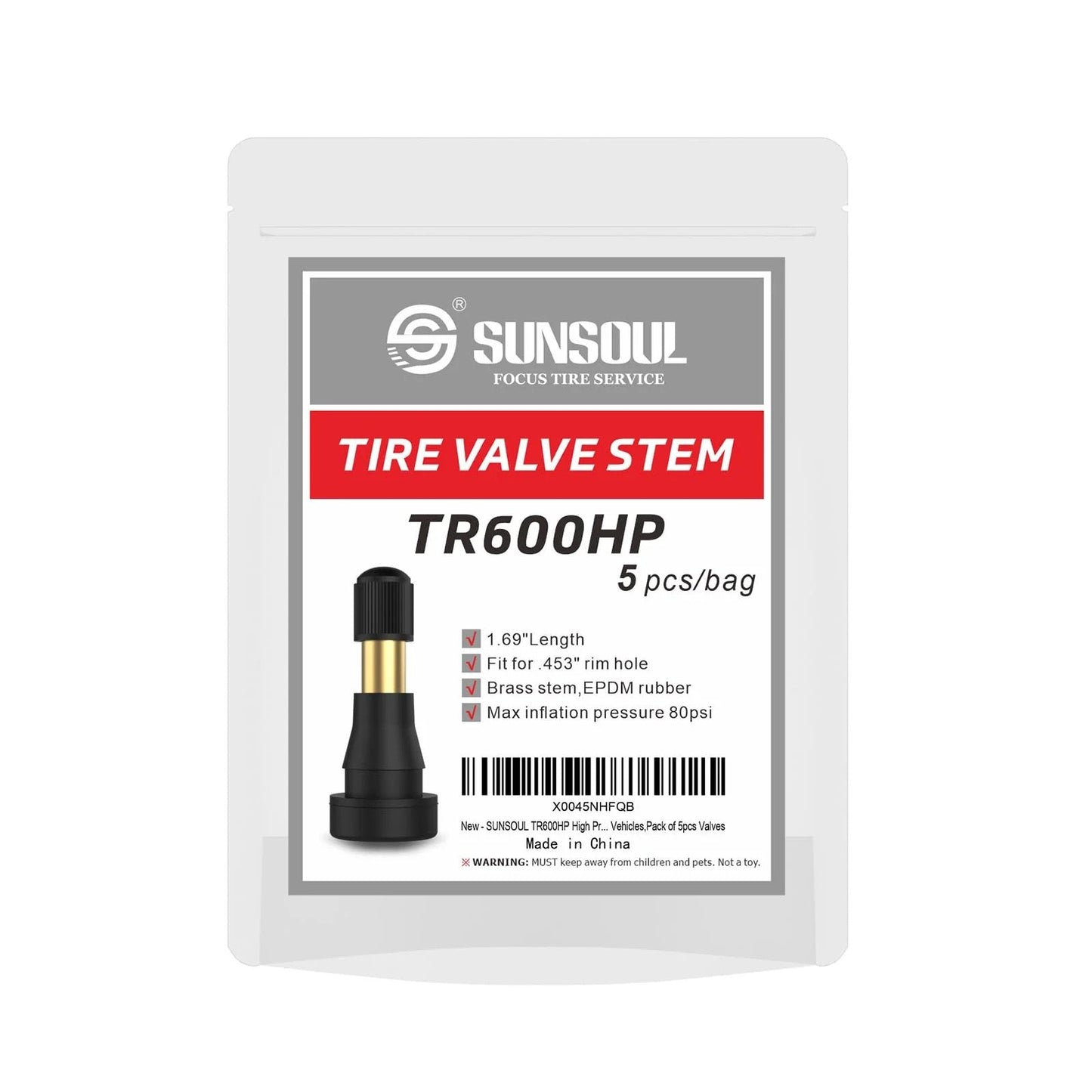 High Pressure Brass Stem Tire Valves TR600HP packaging displaying 5 valves, 1.69 inch length, brass stem, EPDM rubber, 80 PSI.