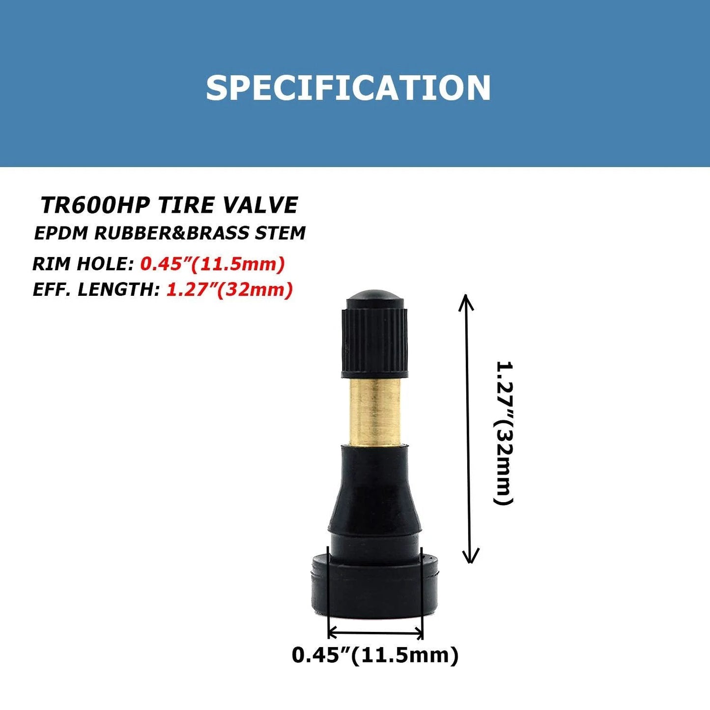 TR600HP High Pressure Brass Tire Valve Stems Pack For Tubeless Systems Snap In Valves 0.45 Inch Rim Hole 1.27 Inch Length Heavy Duty For Larger Vehicles Copper Core EPDM Rubber 50 Pieces close-up of valve with measurements