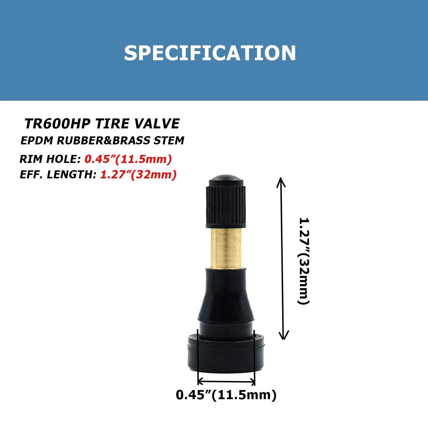 TR600HP High Pressure Brass Tire Valve Stems Pack For Tubeless Systems Snap In Valves 0.45 Inch Rim Hole 1.27 Inch Length Heavy Duty For Larger Vehicles Copper Core EPDM Rubber 50 Pieces close-up of valve with measurements