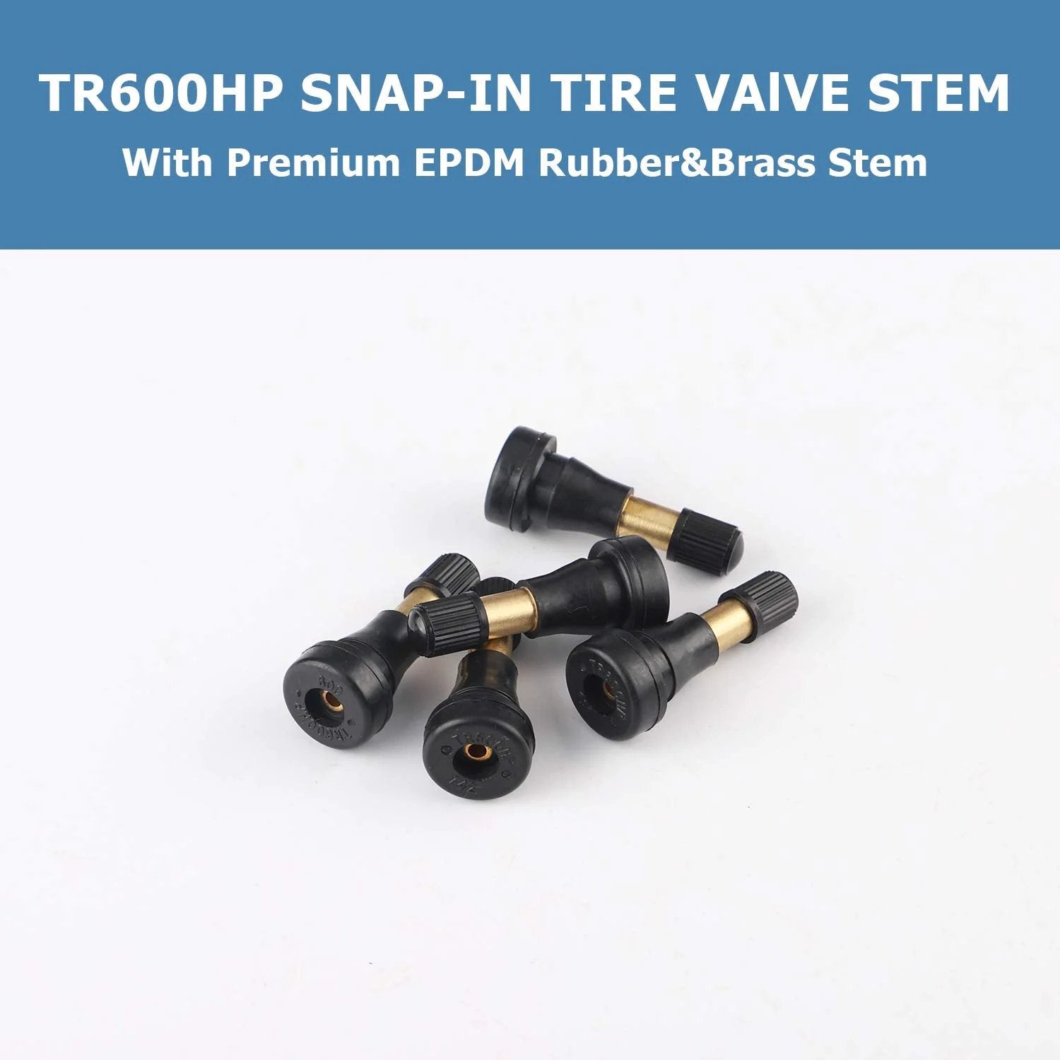 TR600HP High Pressure Brass Tire Valve Stems Pack For Tubeless Systems Snap In Valves showing 4 pieces with copper core and rubber.
