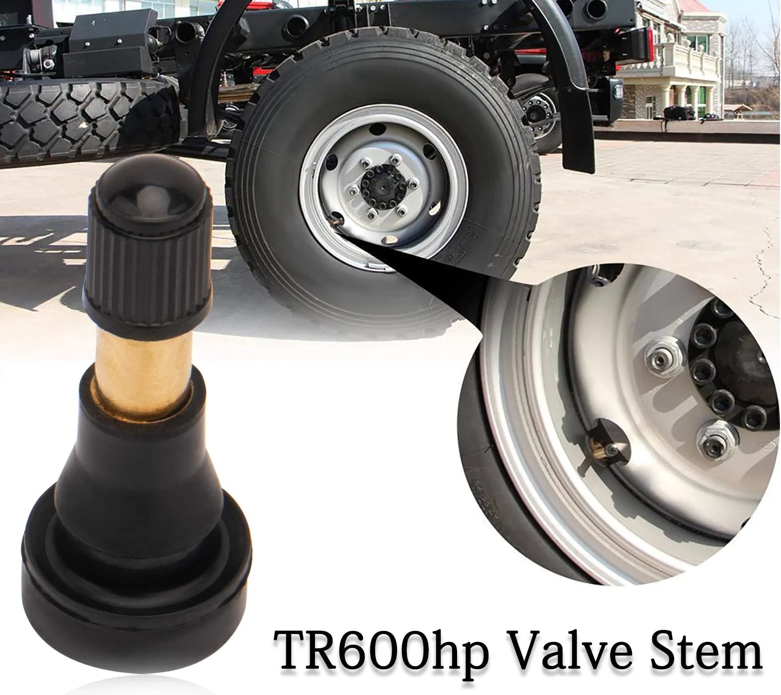 Heavy Duty High Pressure Valve Stems Kit With Brass Core And Snap In Design 100 Pack Black EPDM Rubber Tire Valve Stems For Pro Grade Performance Ozone Tested And Leak Tested For All Vehicles side view of valve stem installed on tire