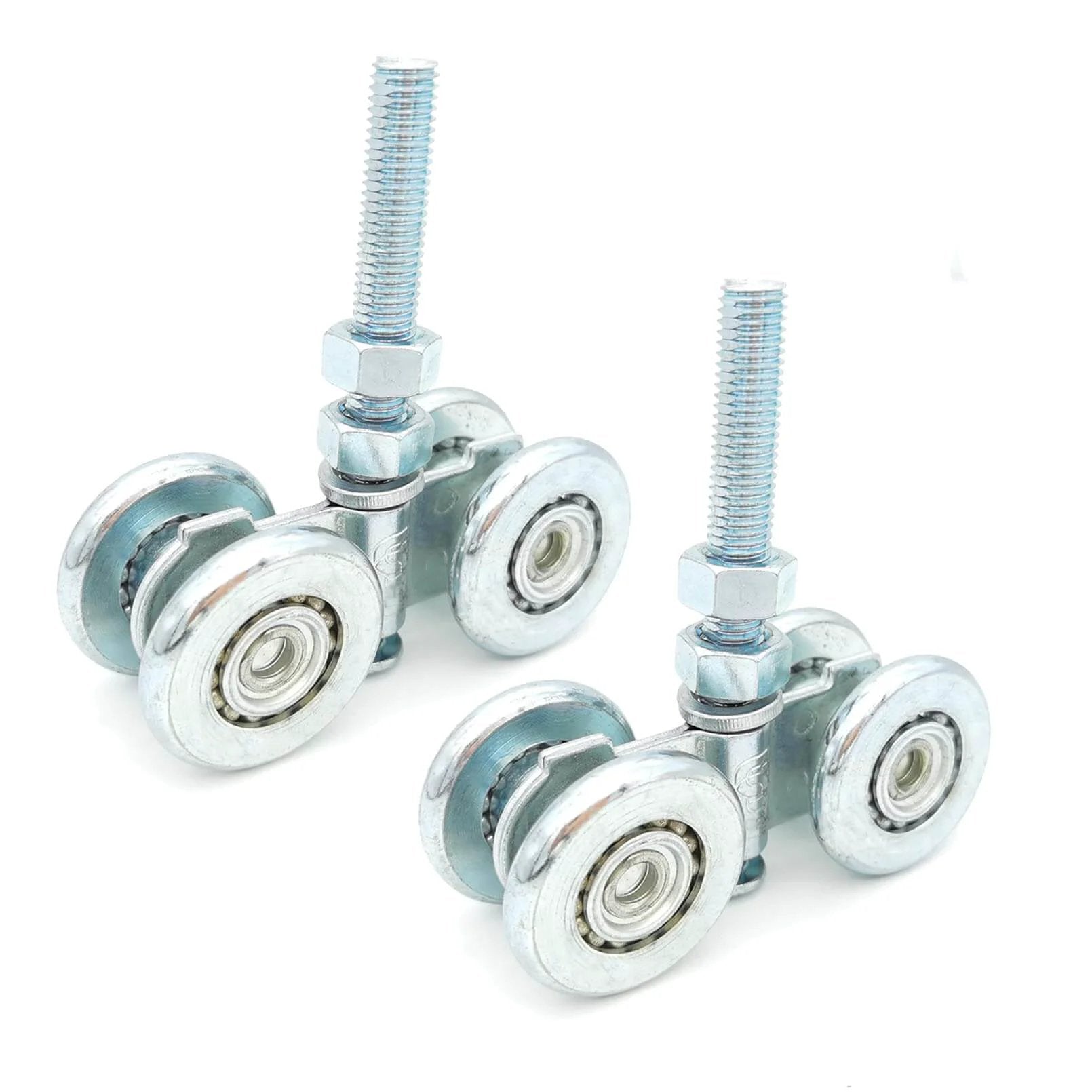 Close-up of 2pcs Track Roller Wheels Heavy Duty Trolley Assembly, silent rollers, galvanized steel, for barn or shed sliding doors.