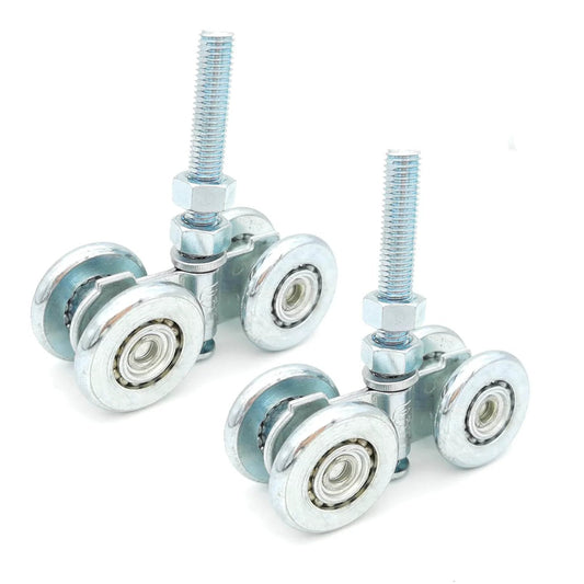 Close-up of 2pcs Track Roller Wheels Heavy Duty Trolley Assembly, silent rollers, galvanized steel, for barn or shed sliding doors.
