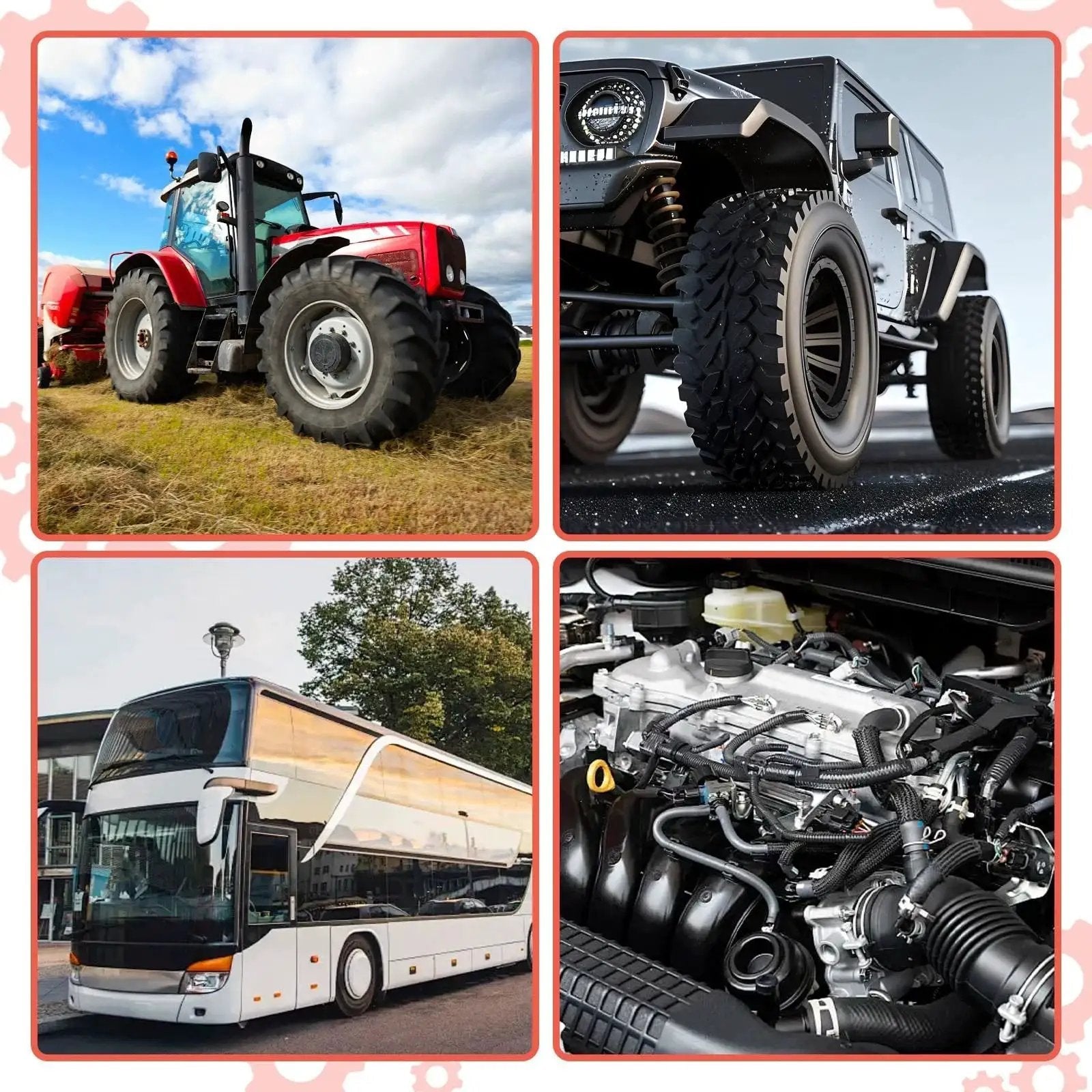 Images of various vehicles and machinery including a red tractor, off-road vehicle, double-decker bus, and engine close-up.