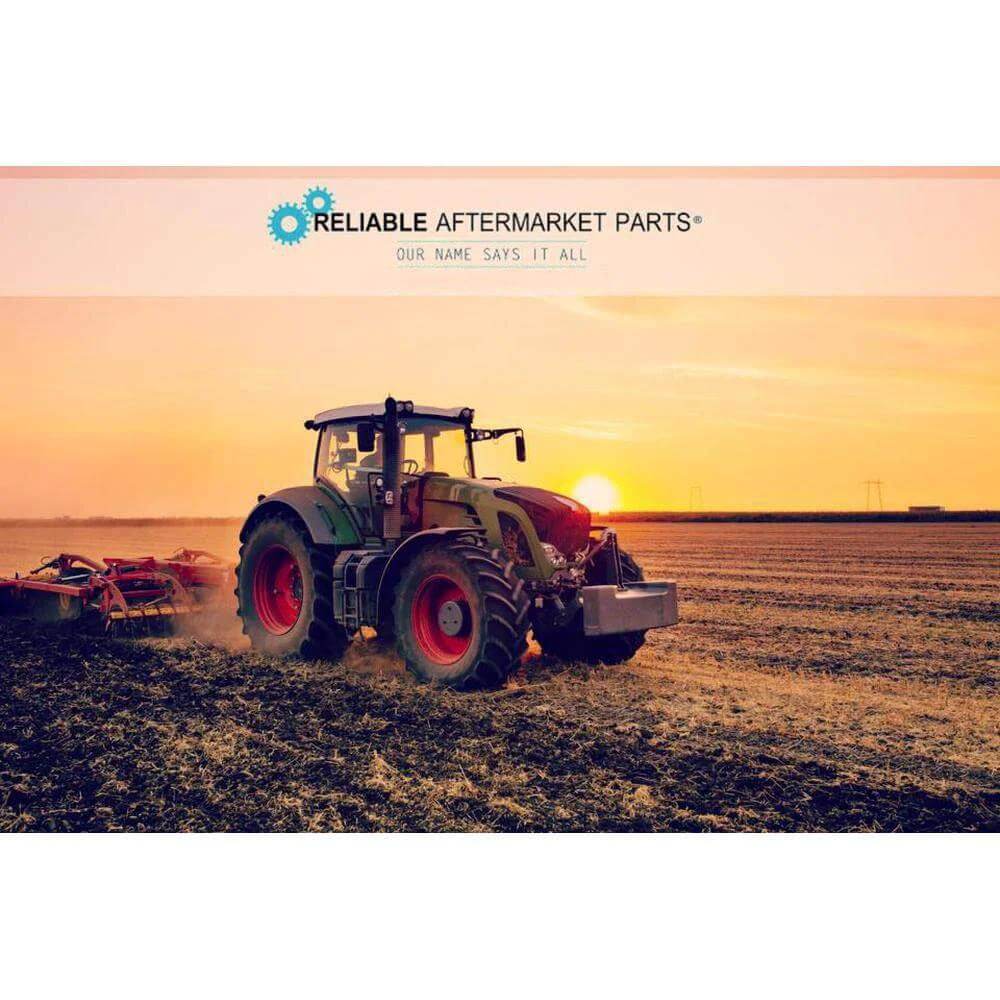 Tractor with attachments plowing field at sunset, Reliable Aftermarket Parts logo visible