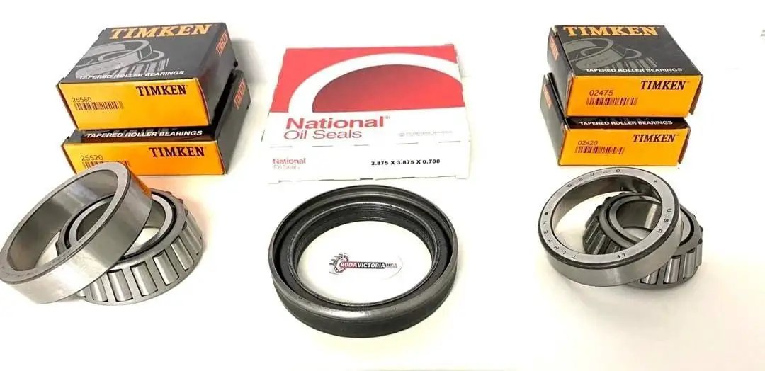 K4 100 8000 Lb Trailer Bearing Kit Fits 8000 Lb Axles With Grease Lubed Hub No Oil Bath Design Includes TIMKEN Inner 25580 25520 And Outer 02475 02420 Bearings For Durable Wheel Bearing Replacement image showing TIMKEN boxes with bearings and oil seals displayed