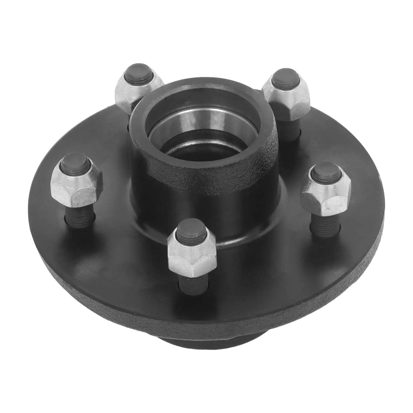 Front view of Trailer Hub Kit And Square Spindle Replacement For 5 On 4 5 Inch Axles Includes 8 25 Inch Spindle And 3500 Lb Capacity