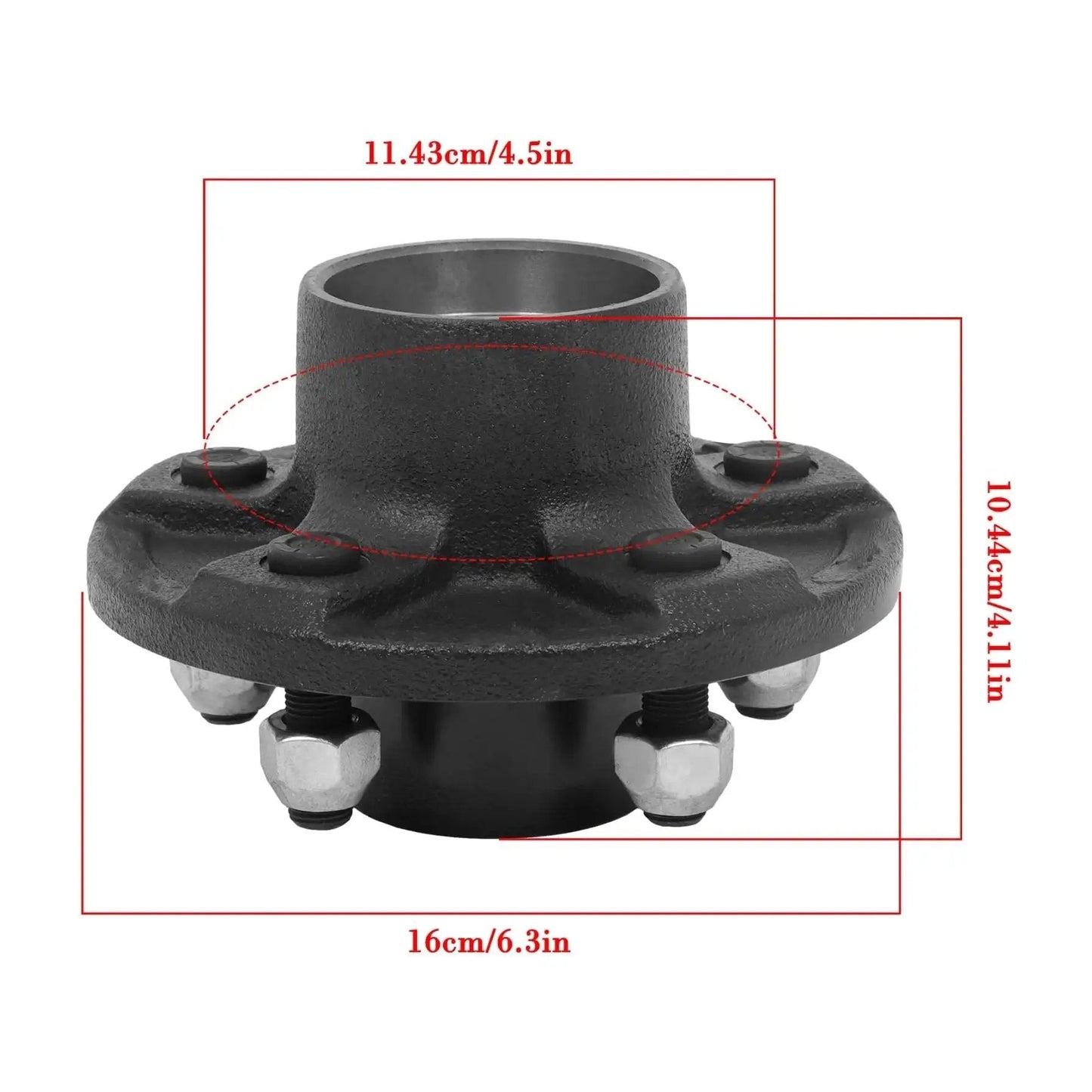 Front view of Trailer Hub Kit And Square Spindle Replacement For 5 On 4 5 Inch Axles Includes 8 25 Inch Spindle And 3500 Lb Capacity