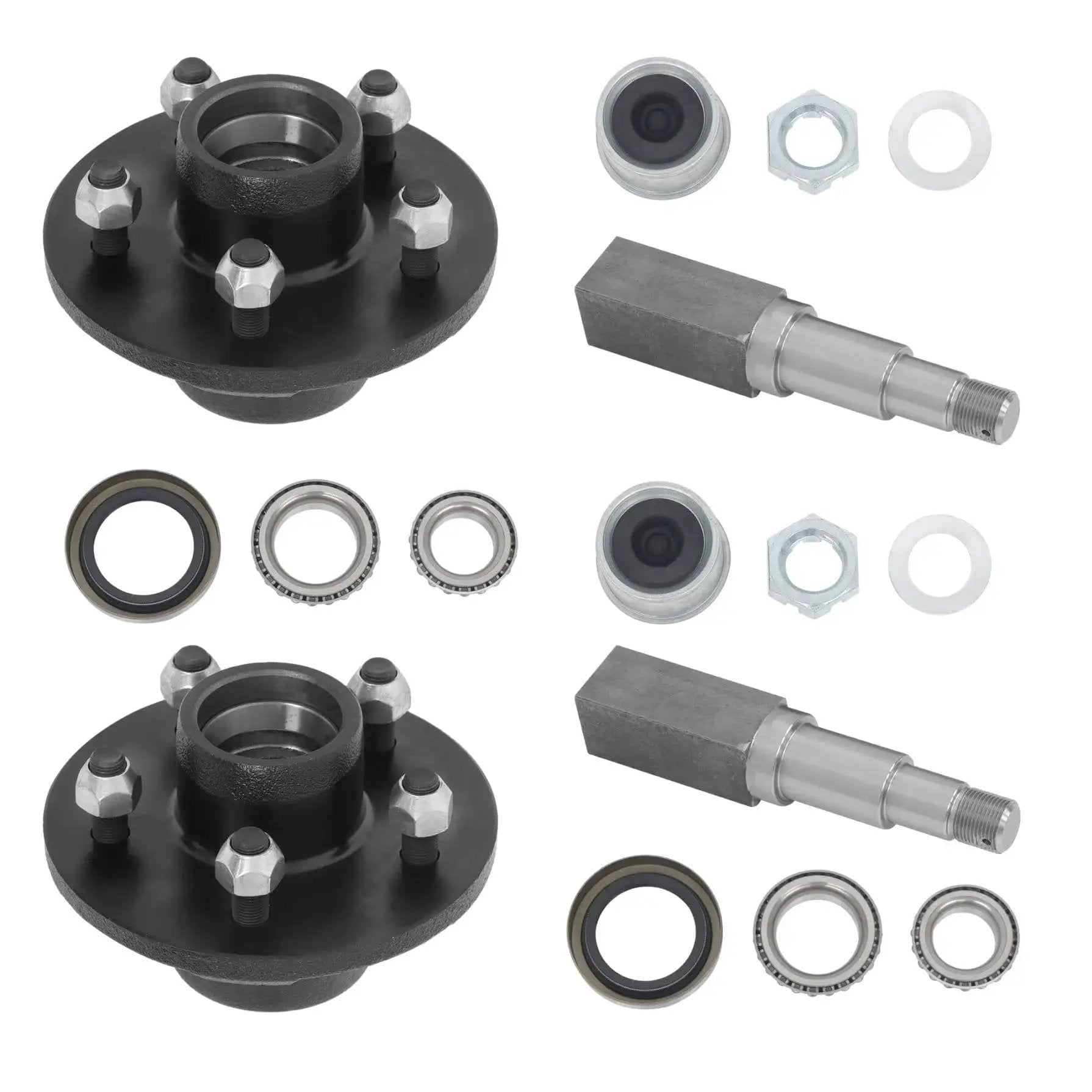 Trailer Hub Kit And Square Spindle Replacement For 5 On 4 5 Inch Axles Includes 8 25 Inch Spindle And 3500 Lb Capacity Bearing Kit Six Pieces Per Set L68149 And L44649 Compatible Heavy Duty GXYWADY parts displayed