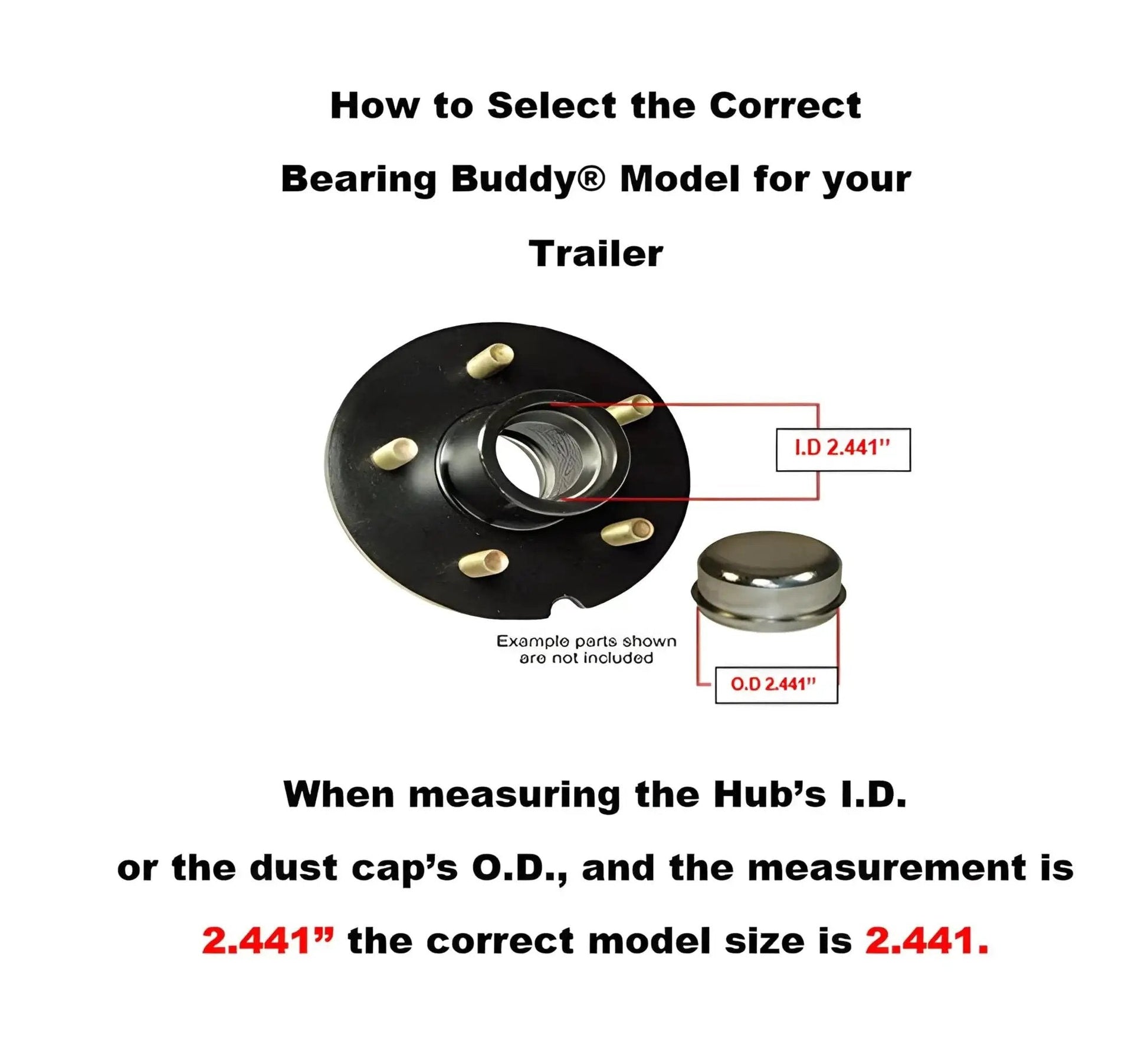 Diagram showing Pro Grade Trailer Hub Protection With Chrome Plated Bearing Protectors And 23B Bra USA Made 2.441 inch hub size