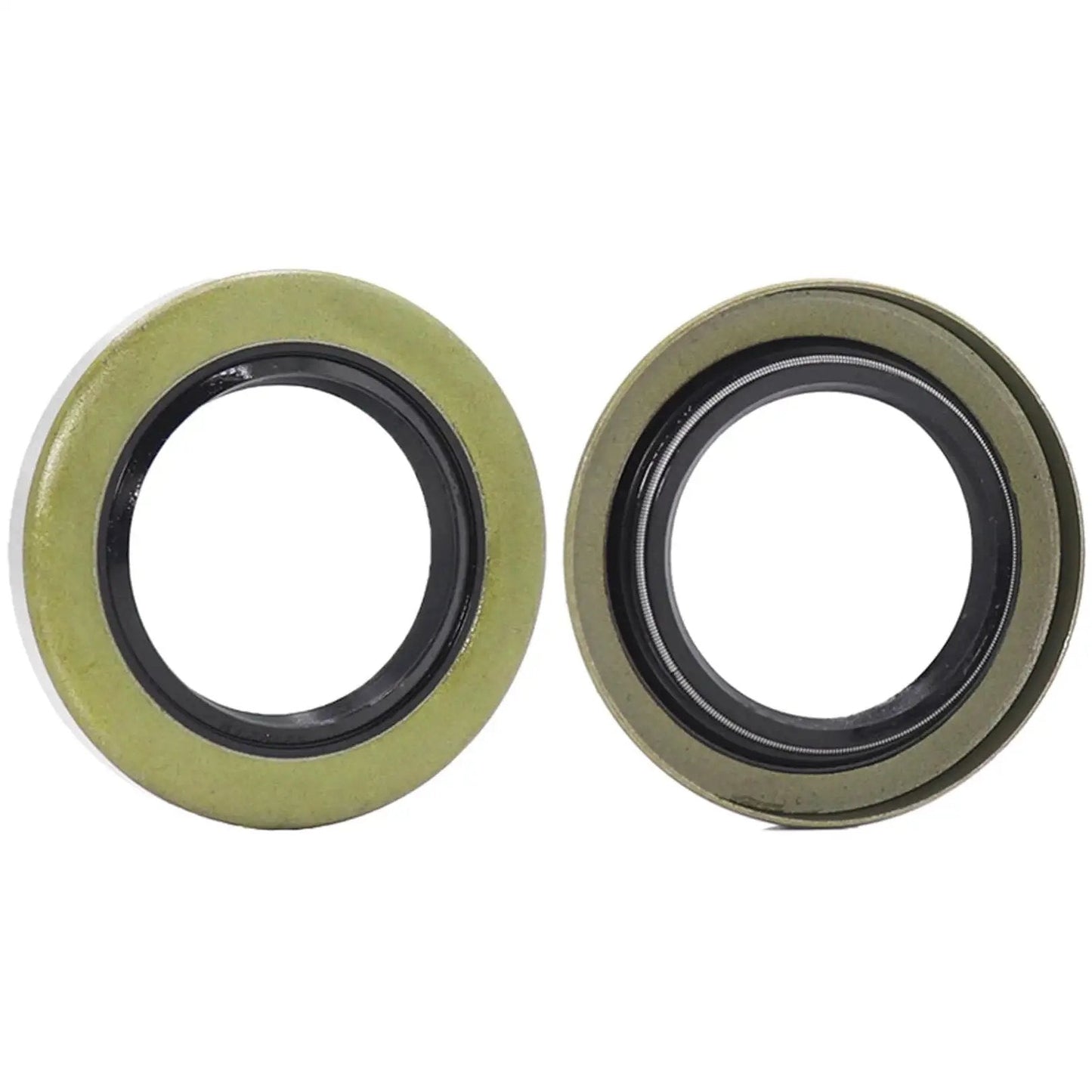 Close-up of two seals from the complete trailer wheel hub bearing kit for 1.0625 inch axles with seals, includes 4 bearings, 2 seals, cotter pins.