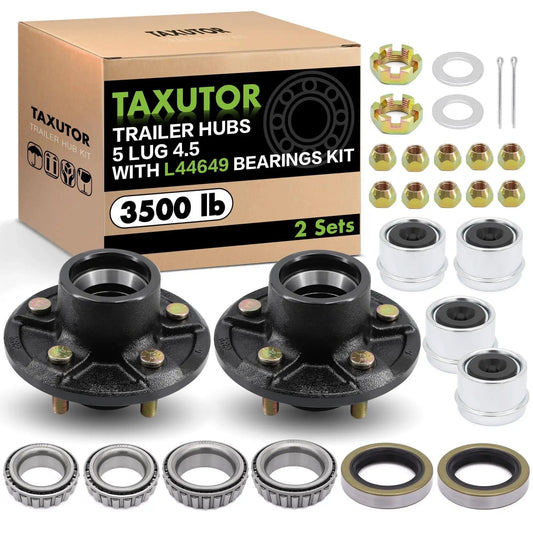 Two Pack Preassembled Trailer Idler Hub Kit Set For 3500 Pound Axles Five On Four Point Five Bolt Pattern L44649 And L68149 Bearings Fits Dexter Al Ko Lippert And Other Brands Includes Galvanized Dust Caps, showing hubs, bearings, and dust caps.