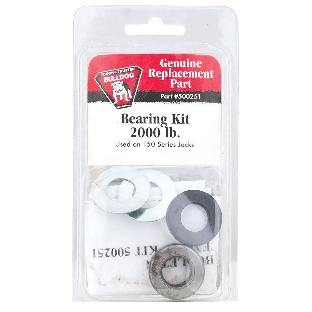 Trailer Jack Bearing Kit For Series 150 4 Piece Replacement Pack For Bulldog 500251 Genuine Bulldog Bearing Set For Trailer Jacks Heavy Duty Repair Kit To Keep Your Trailer Road Ready To Tow in a packaging with Bulldog logo.