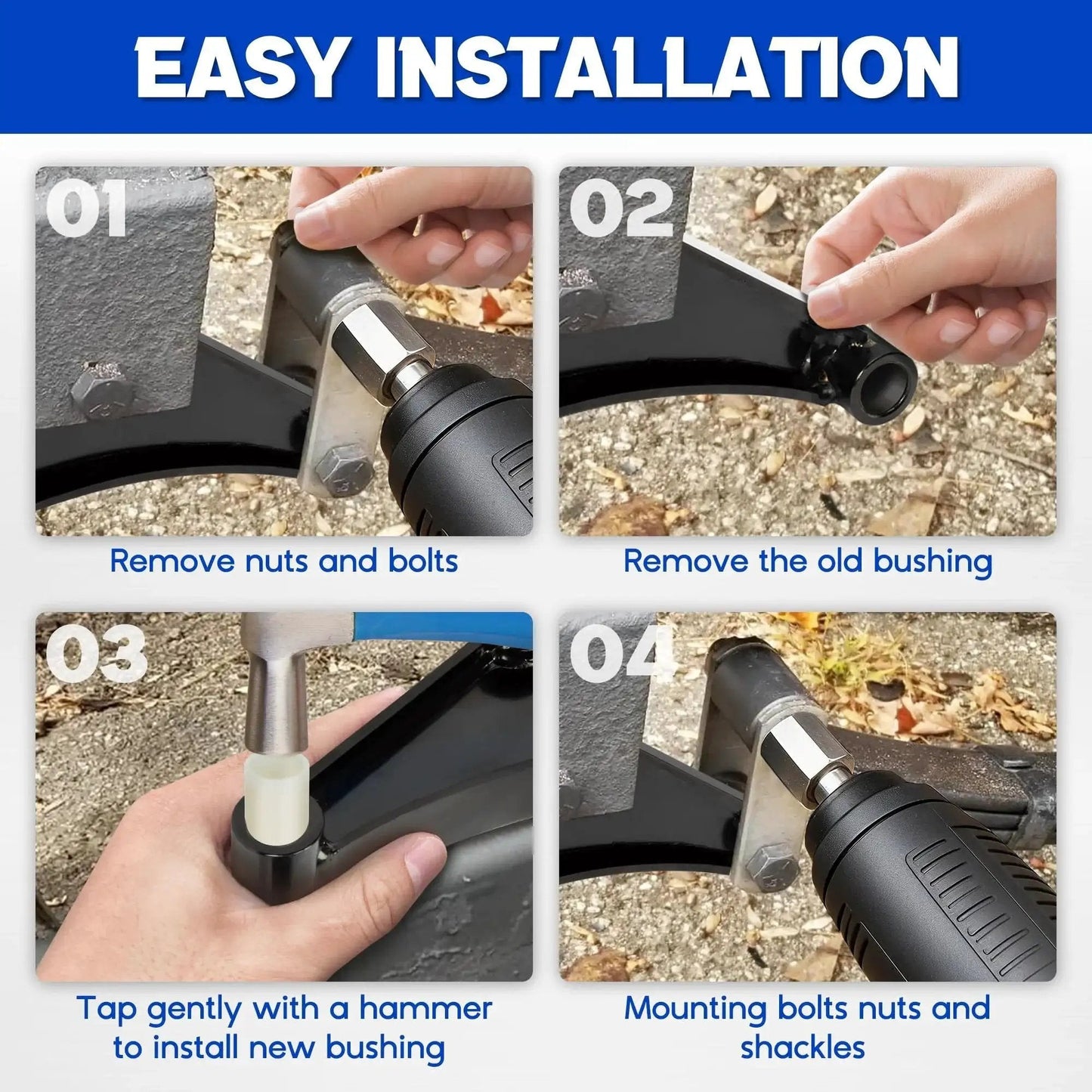 Step-by-step installation of 8 Pack Nylon Trailer Leaf Spring Bushings 722106 Replacement Kit for double eye springs on trailer.