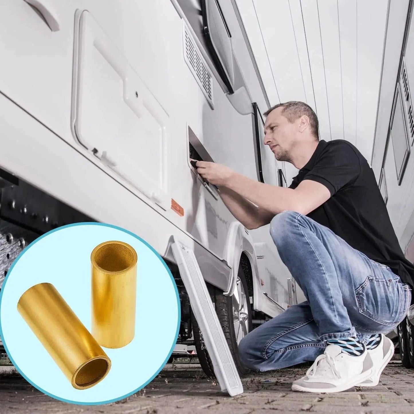 Man installing Trailer Leaf Spring Bushing Kit 16 Piece Bronze Shackle Bushings for axle replacement with camper van.
