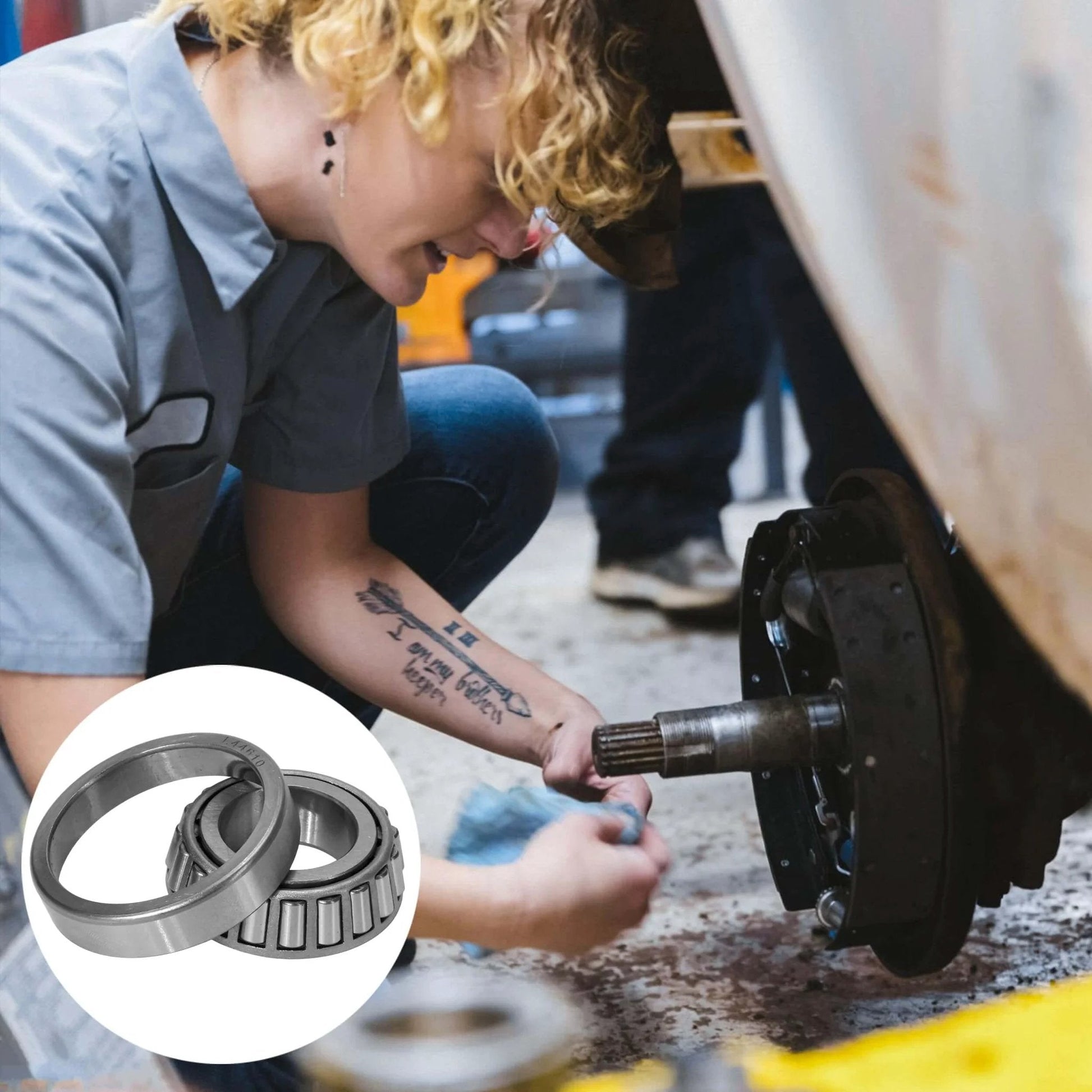 Mechanic installing L44643/L44610 Tapered Roller Bearing Cone and Cup, 1.0000" Bore x 1.9800" OD x 0.5906" Thick Chrome Steel