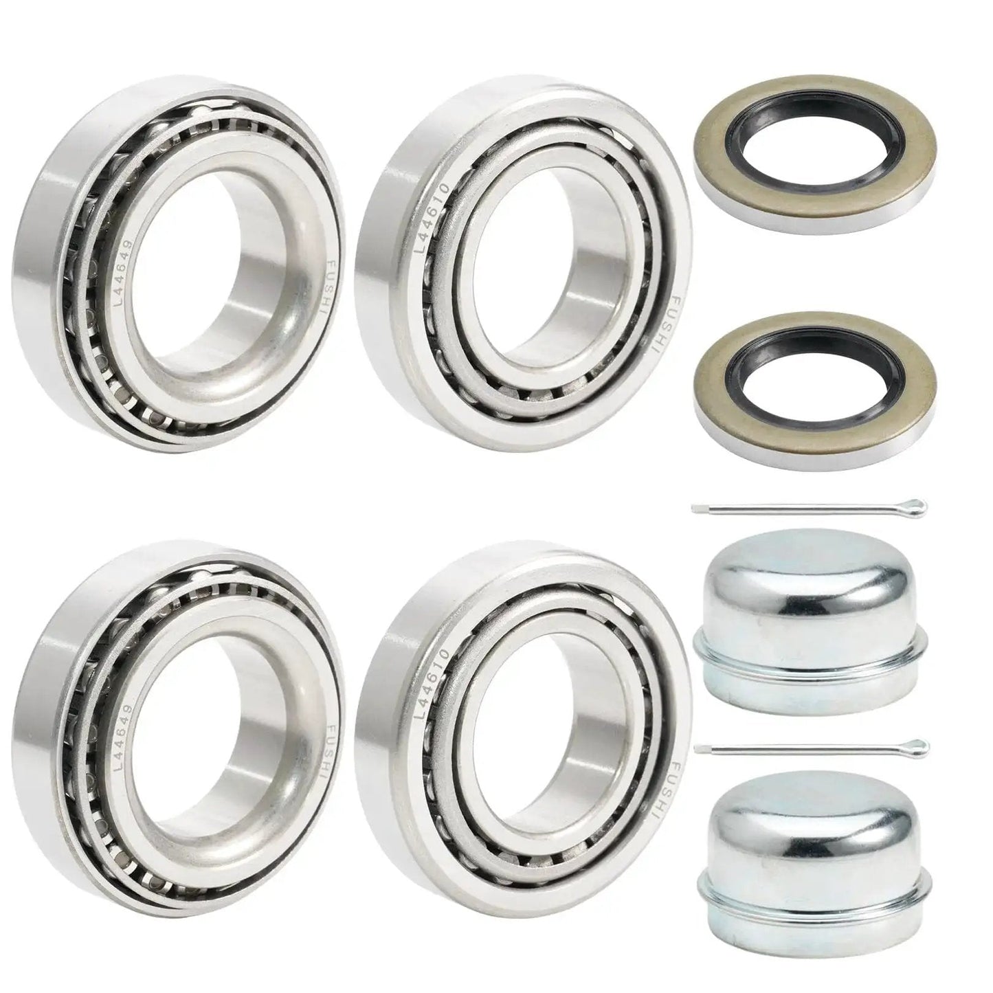 Complete trailer wheel hub bearing kit for 1.0625 inch axles with seals, includes 4 bearings, 2 seals, cotter pins, dust covers