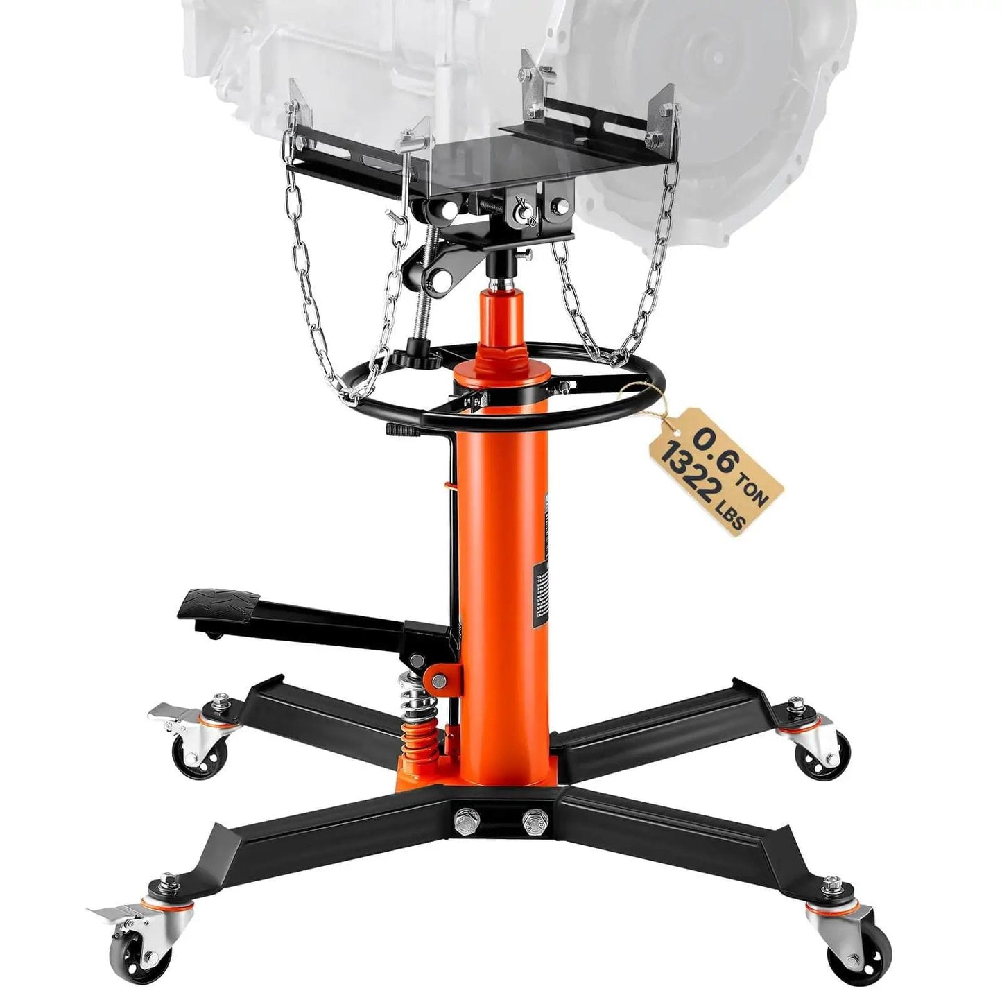Beefy Transmission Jack With 1322 Lb Capacity For Cars And Light Trucks, 32 To 67 Inches Hydraulic Lift, Foot Pedal Operation
