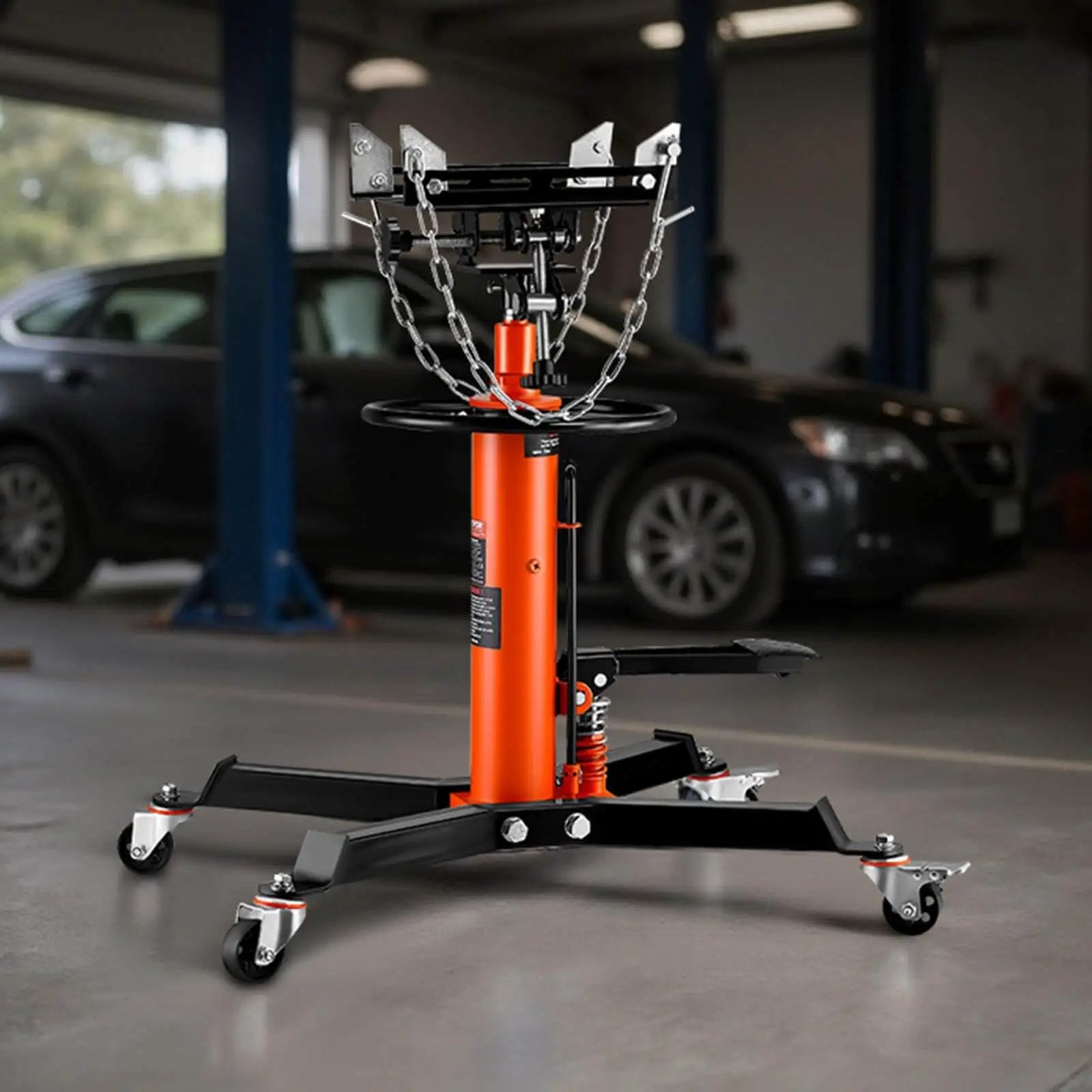 Beefy Transmission Jack With 1322 Lb Capacity For Cars And Light Trucks, 32 To 67 Inches Hydraulic Lift, Foot Pedal Operation