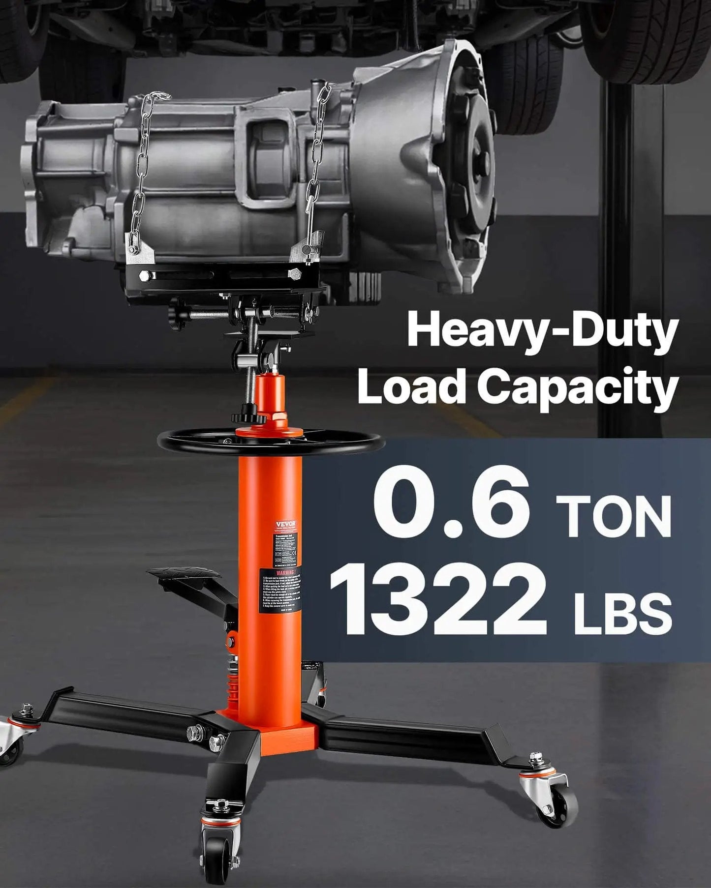Beefy Transmission Jack With 1322 Lb Capacity For Cars And Light Trucks, 32 To 67 Inches Hydraulic Lift, Foot Pedal Operation