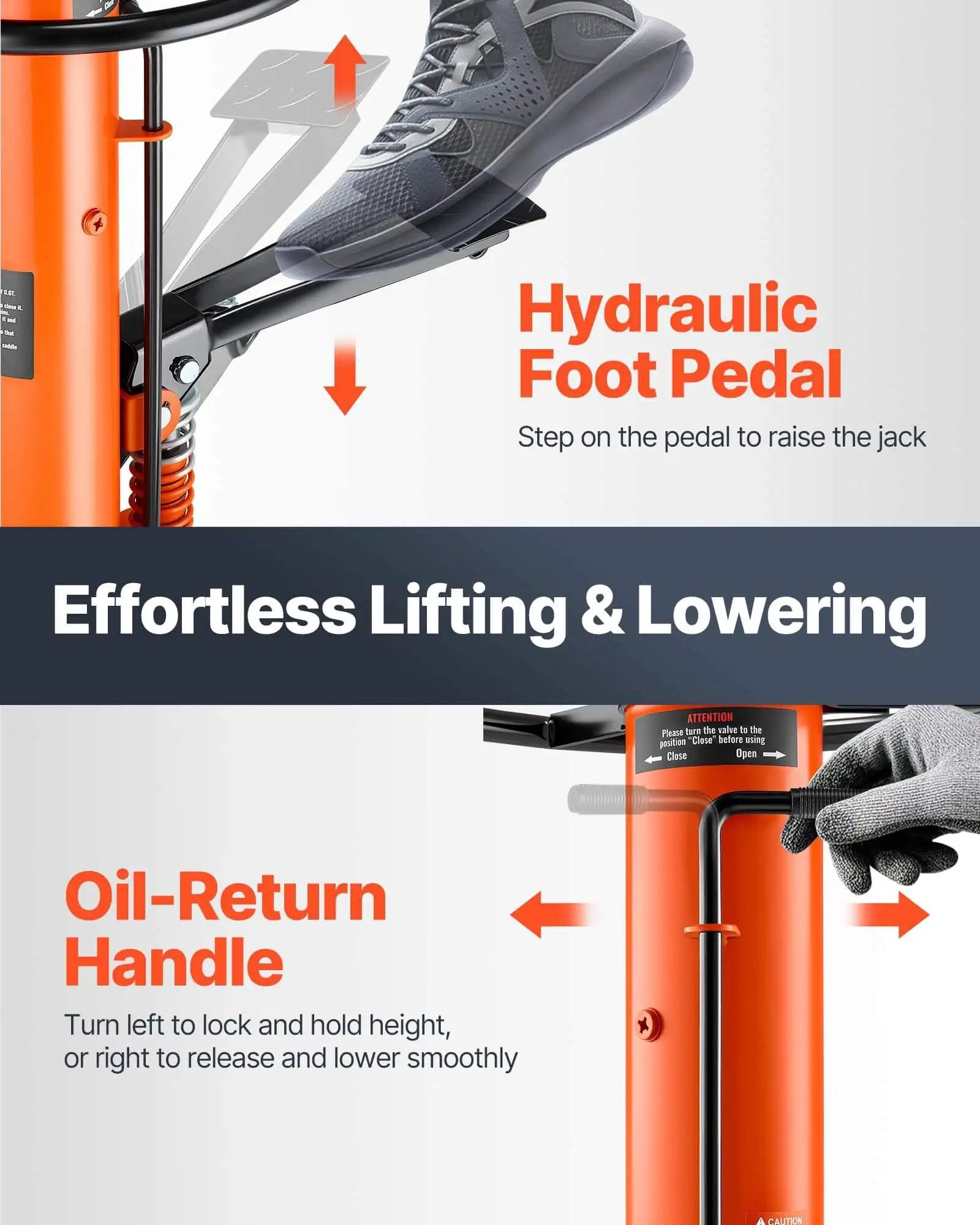 Foot pedal and oil-return handle on Beefy Transmission Jack With 1322 Lb Capacity For Cars And Light Trucks, 32 to 67 Inches Hydraulic Lift by VEVOR