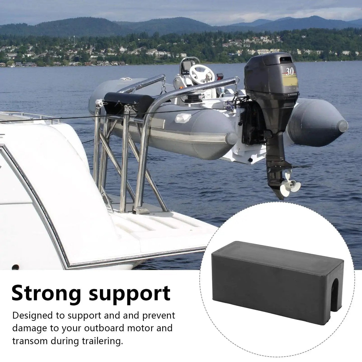 Boat transom saver with hydraulic tilt protection for outboard motors, easy install, shown on boat and close-up of rubber guard.