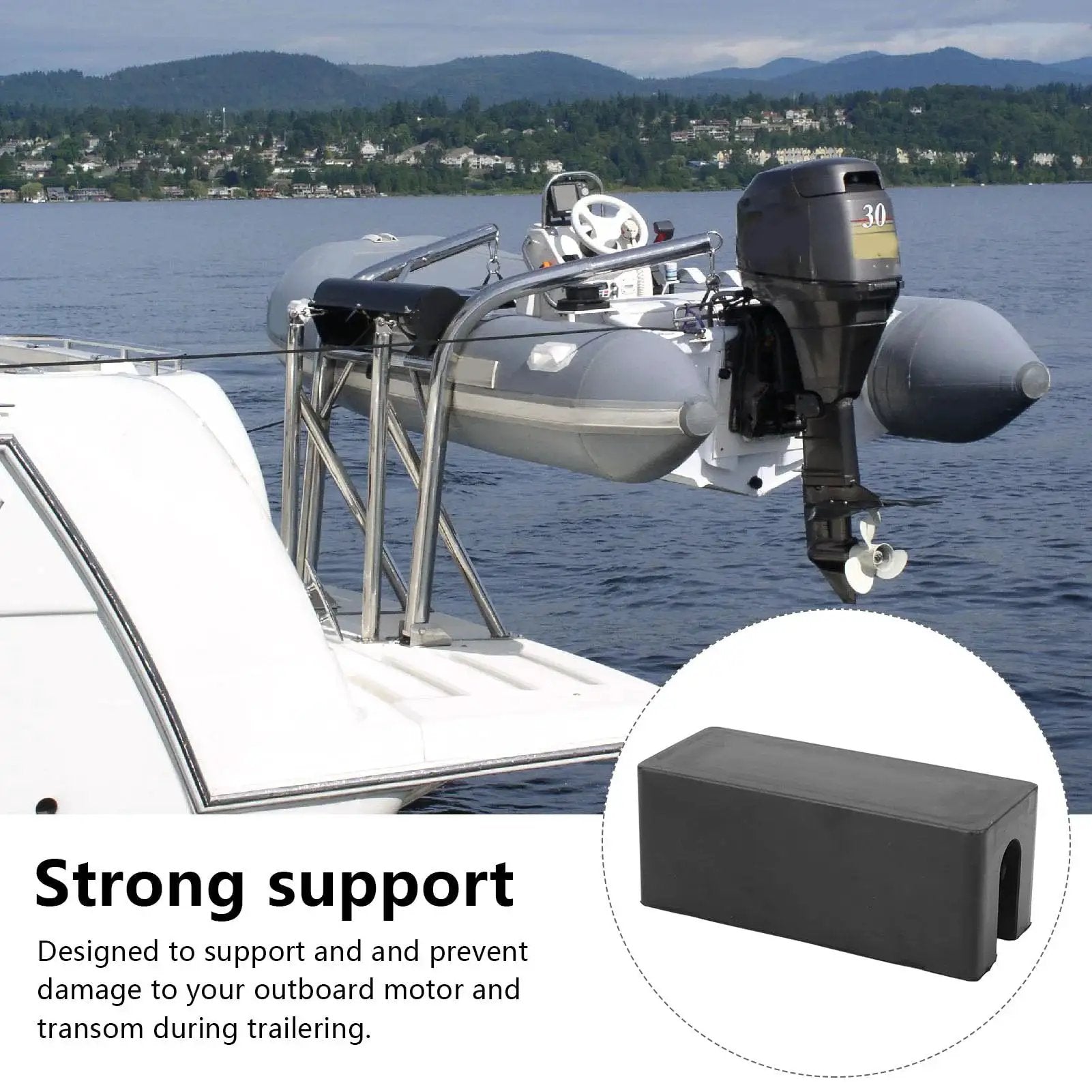 Boat transom saver with hydraulic tilt protection for outboard motors, easy install, shown on boat and close-up of rubber guard.