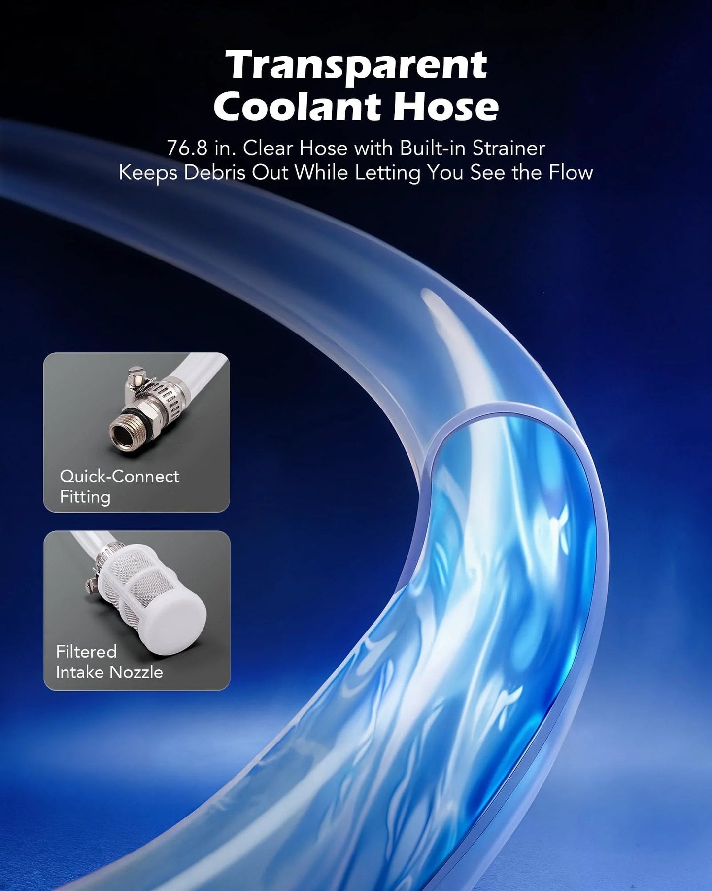 Transparent coolant hose, 76.8 in, clear with built-in strainer, showing flow for efficient coolant vacuum refill kit use.