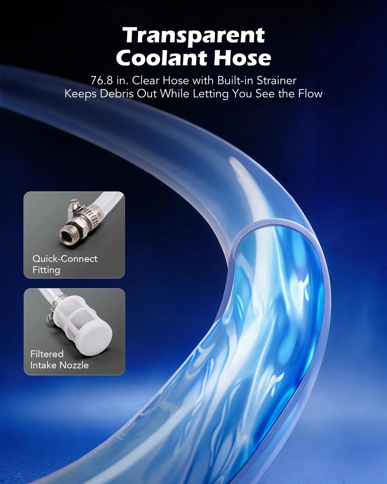 Transparent coolant hose, 76.8 in, clear with built-in strainer, showing flow for efficient coolant vacuum refill kit use.