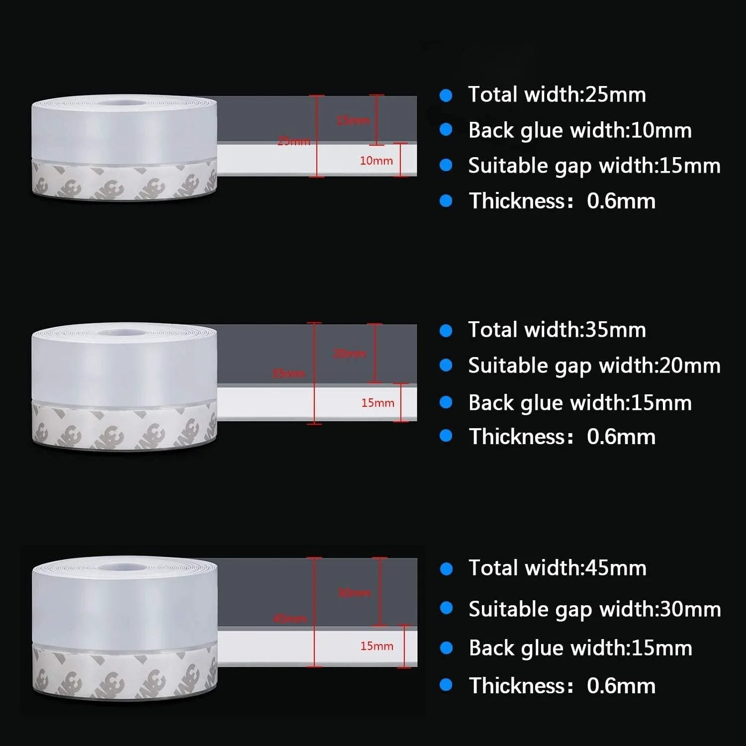 Weather Stripping Transparent Adhesive Silicone Tape 33 Feet Long 25mm Wide For Doors Windows And Showers Draft Stopper That Seals Gaps Fast Easy Cut To Fit Strong Adhesive Energy Saving And Cozy Home Tarose display showing various widths and specifications.