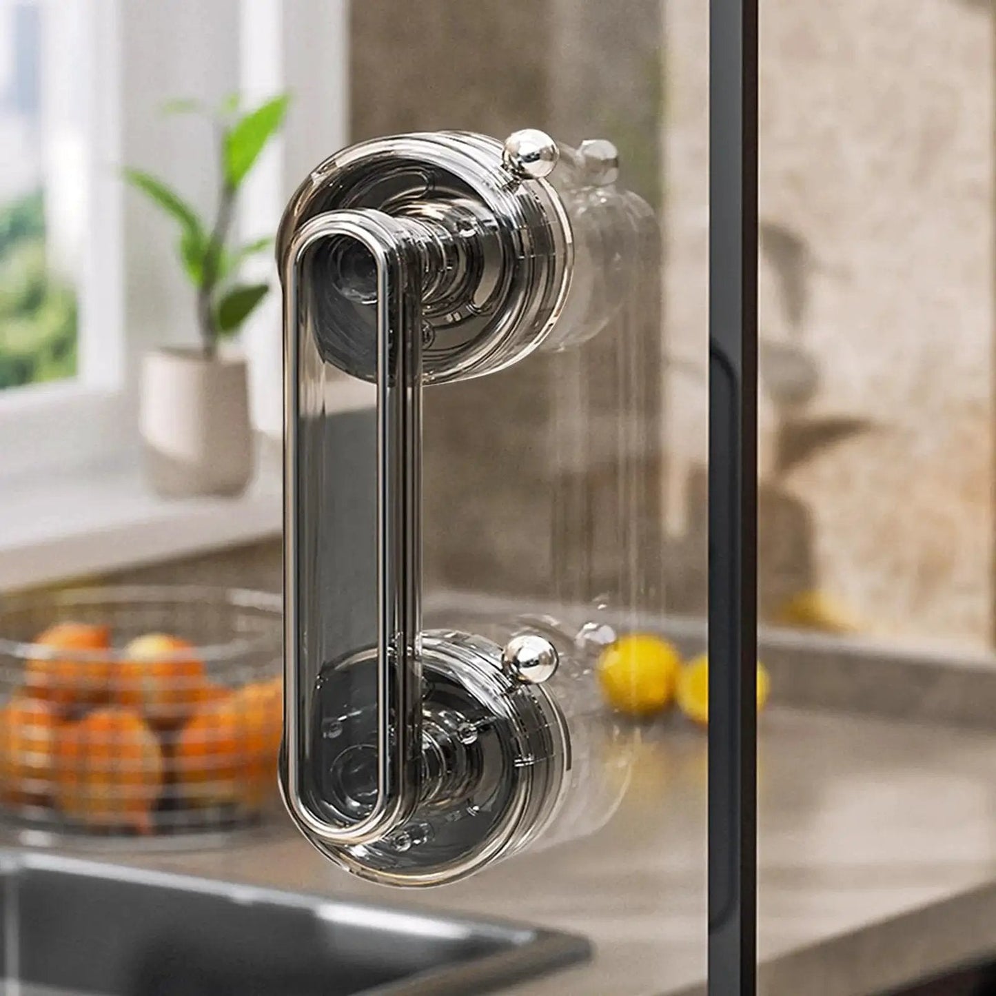 Adhesive Suction Cup Door Handle For Cabinets Windows Glass Doors And Refrigerators installed on a glass surface in kitchen