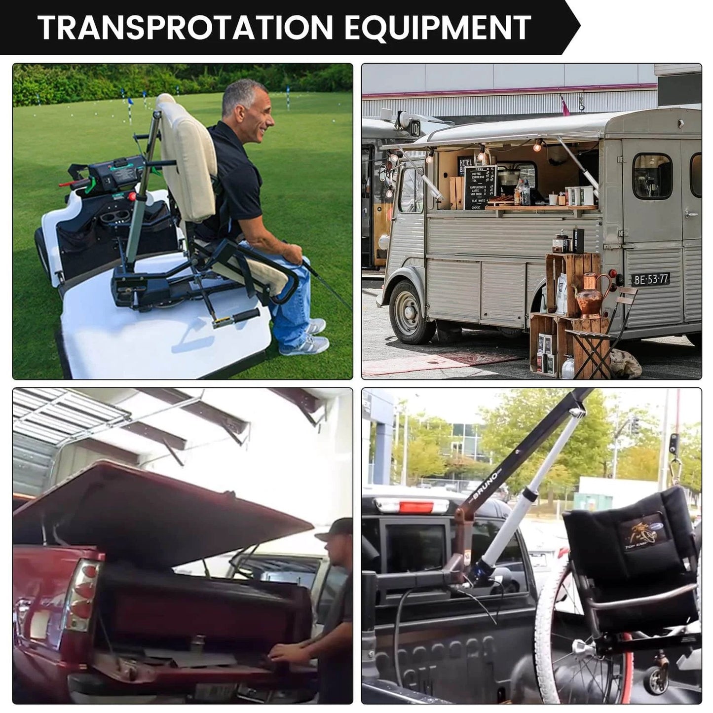 Collage showing different transportation equipment including mobility aids and loading mechanisms.