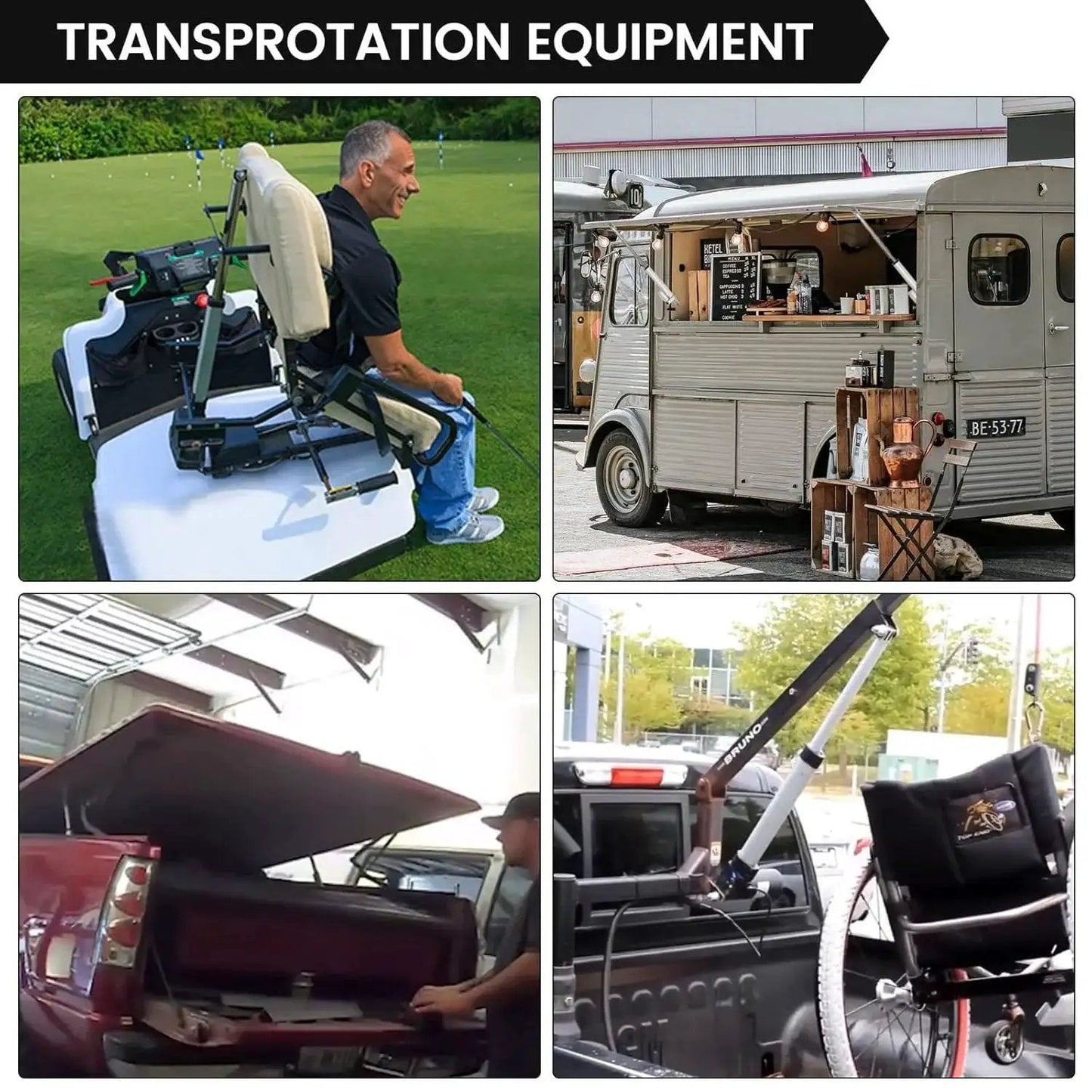 Collage of transportation equipment, including a golf cart seat with a lift, a vintage coffee van, a truck with a hoist, and a car trunk lift.