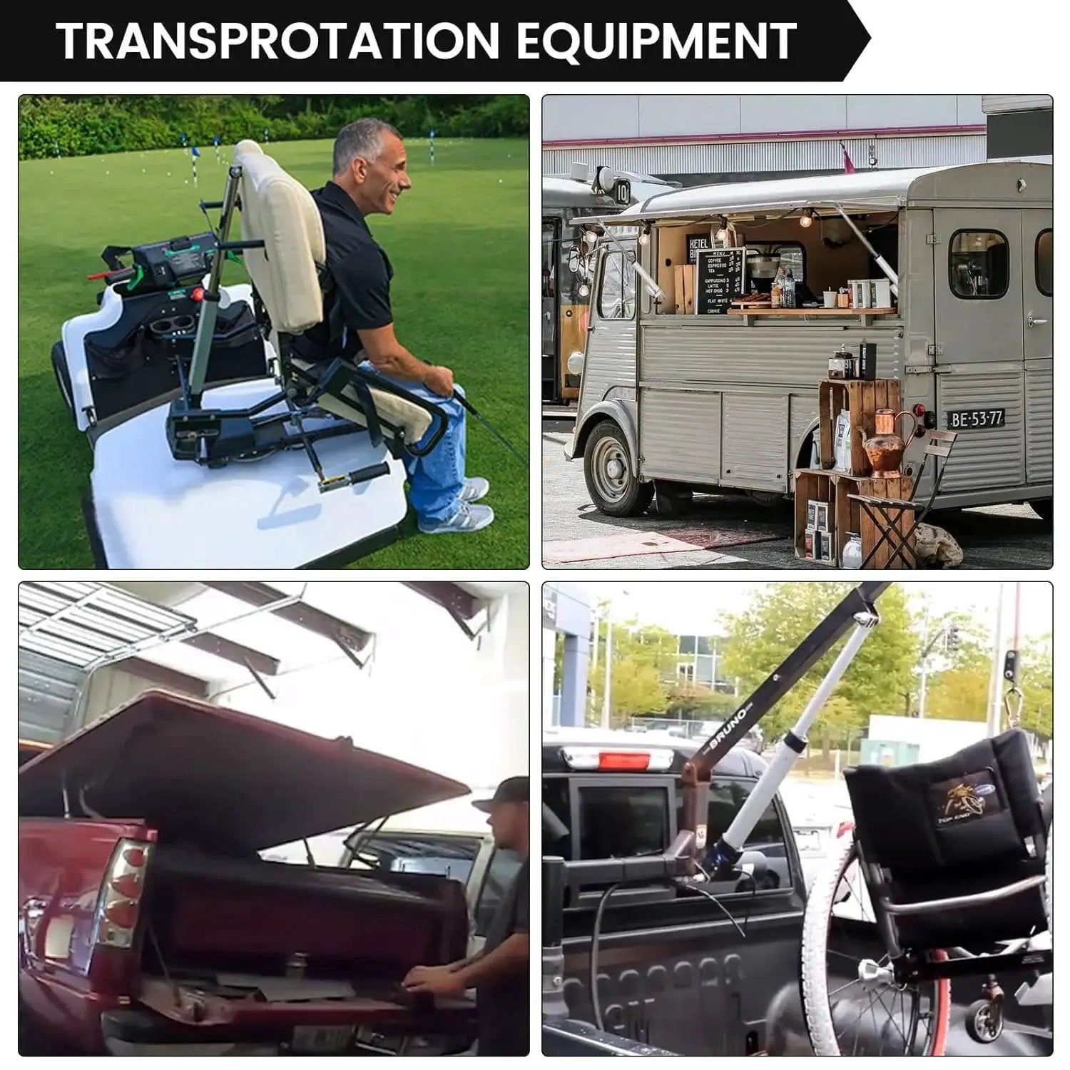 Collage of transportation equipment, including a golf cart seat with a lift, a vintage coffee van, a truck with a hoist, and a car trunk lift.