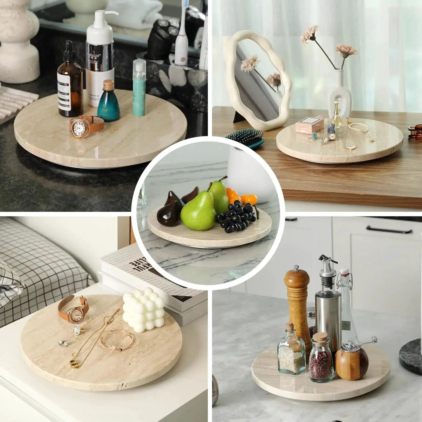 Natural Travertine Lazy Susan Turntable Organizer with toiletries, jewelry, and kitchen items displayed on countertop and table.