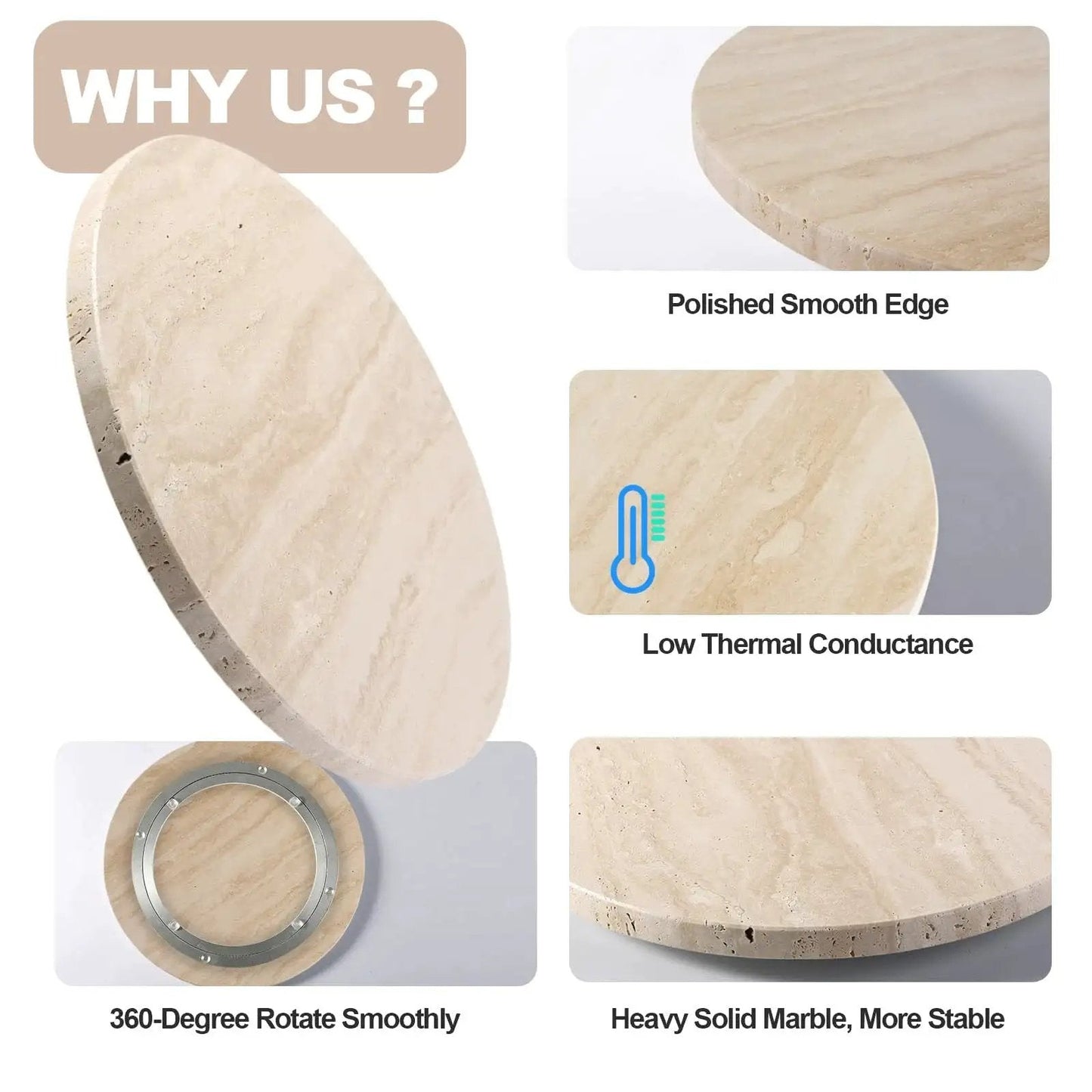 Natural Travertine Lazy Susan Turntable Organizer with polished edge and 360-degree rotation, 12-inch round serving tray features.